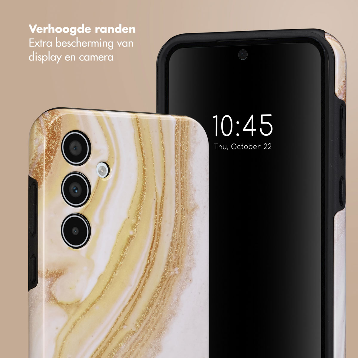 Téléphone avec coque en marbre. L'écran du téléphone est à droite.