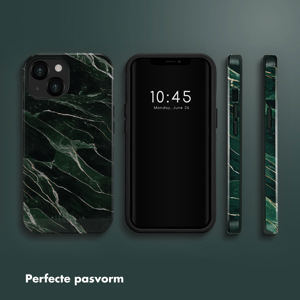 Trois téléphones: un avec étui et un sans. Les étuis ont un motif de marbre vert et noir. Texte: Ajustement parfait.