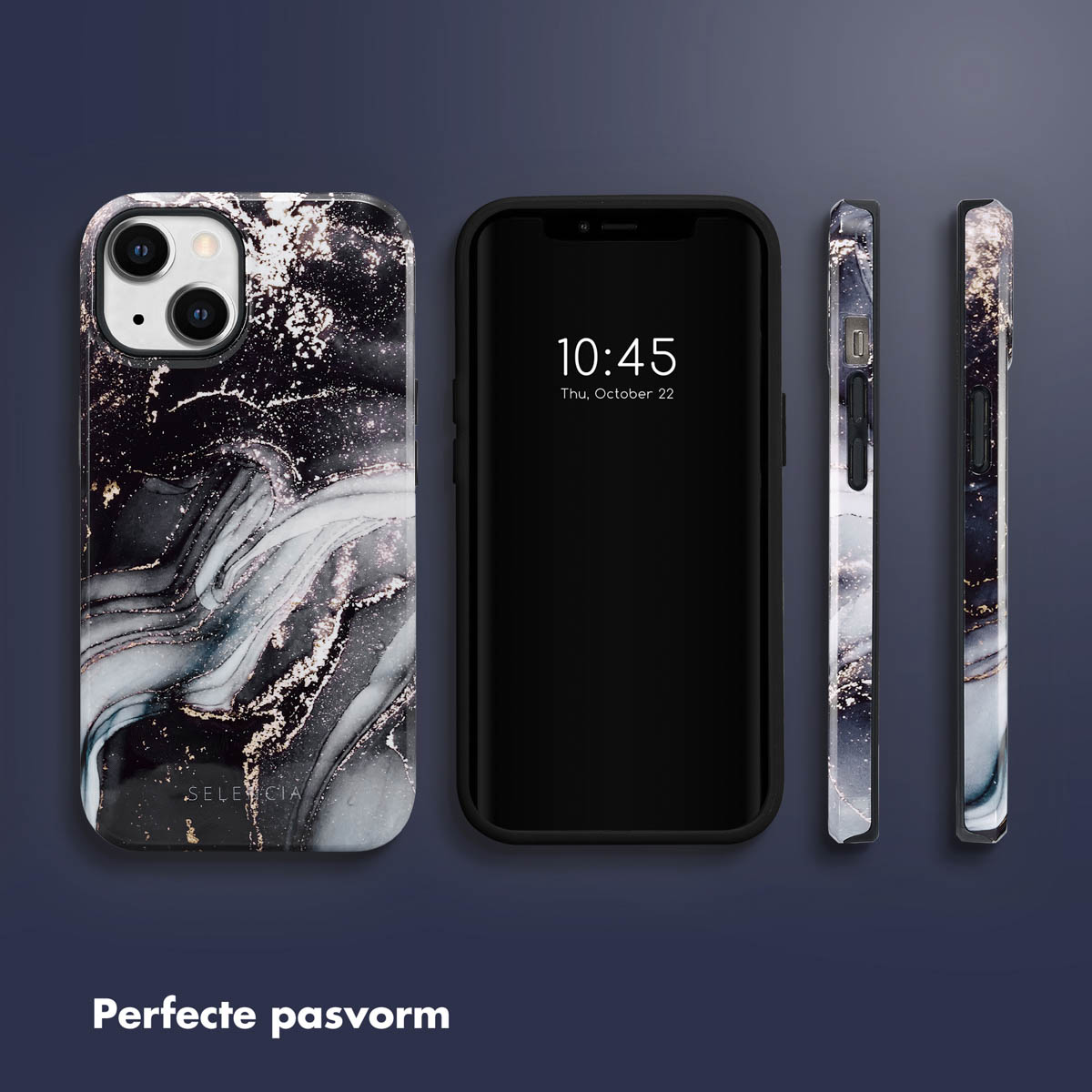 Trois téléphones et coques. Les coques ont un design en marbre noir et or.