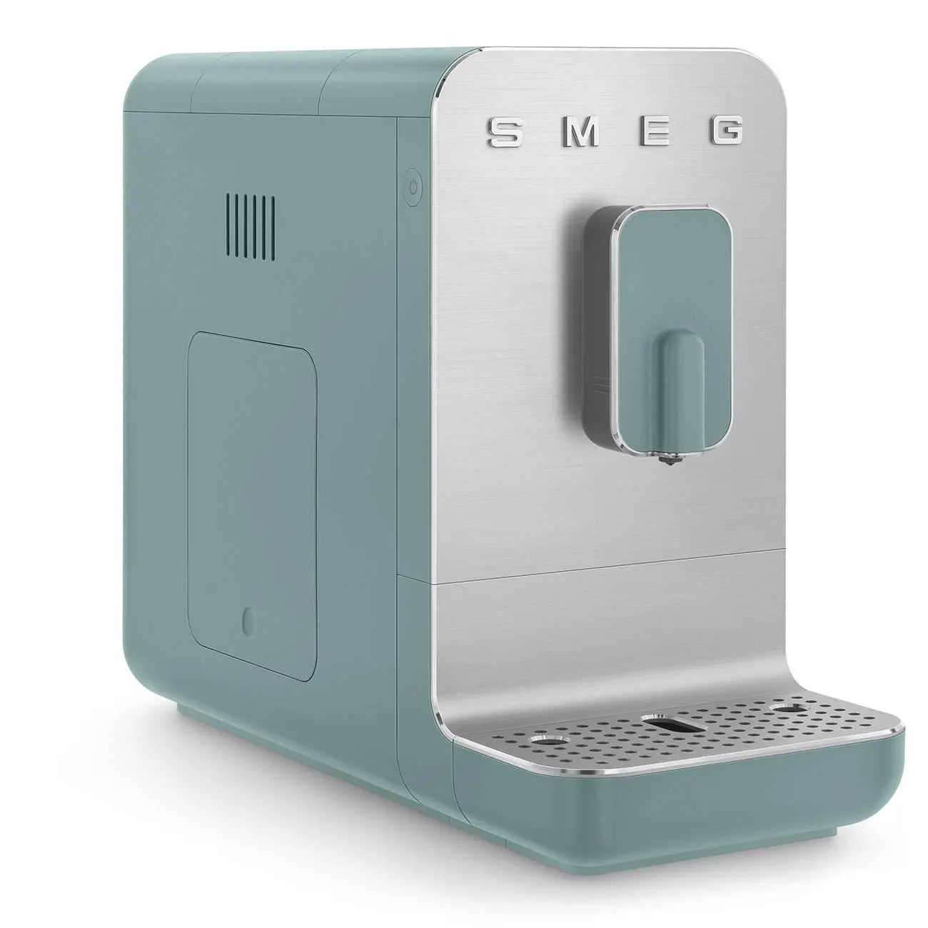 Una macchina per caffè espresso SMEG turchese con frontale in acciaio inossidabile. Design retrò.