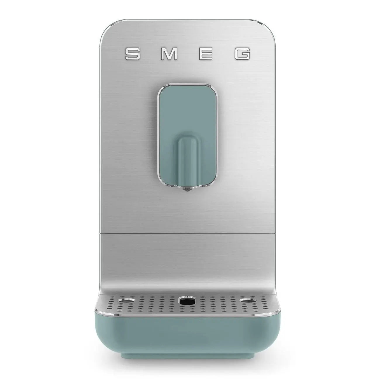 Un distributore d'acqua argento e verde acqua con il logo SMEG, su sfondo bianco.