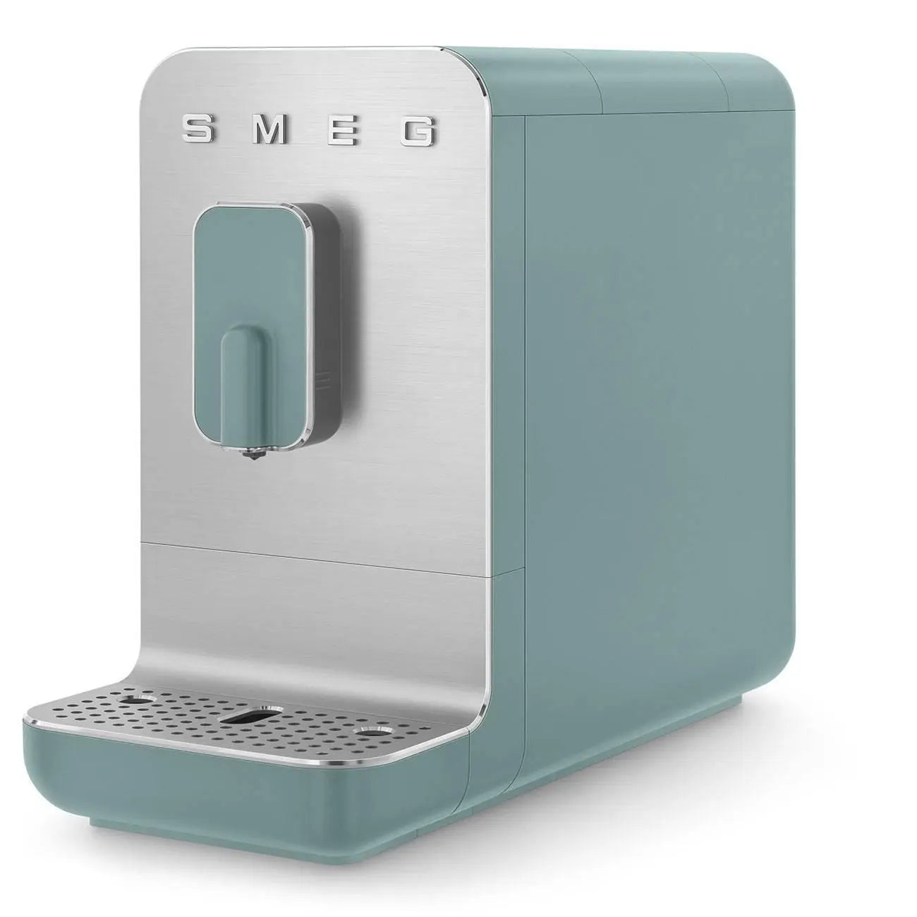 Macchina da caffè color verde acqua con dettagli argentati. Marchio SMEG. Sfondo pulito, bianco. Design moderno.