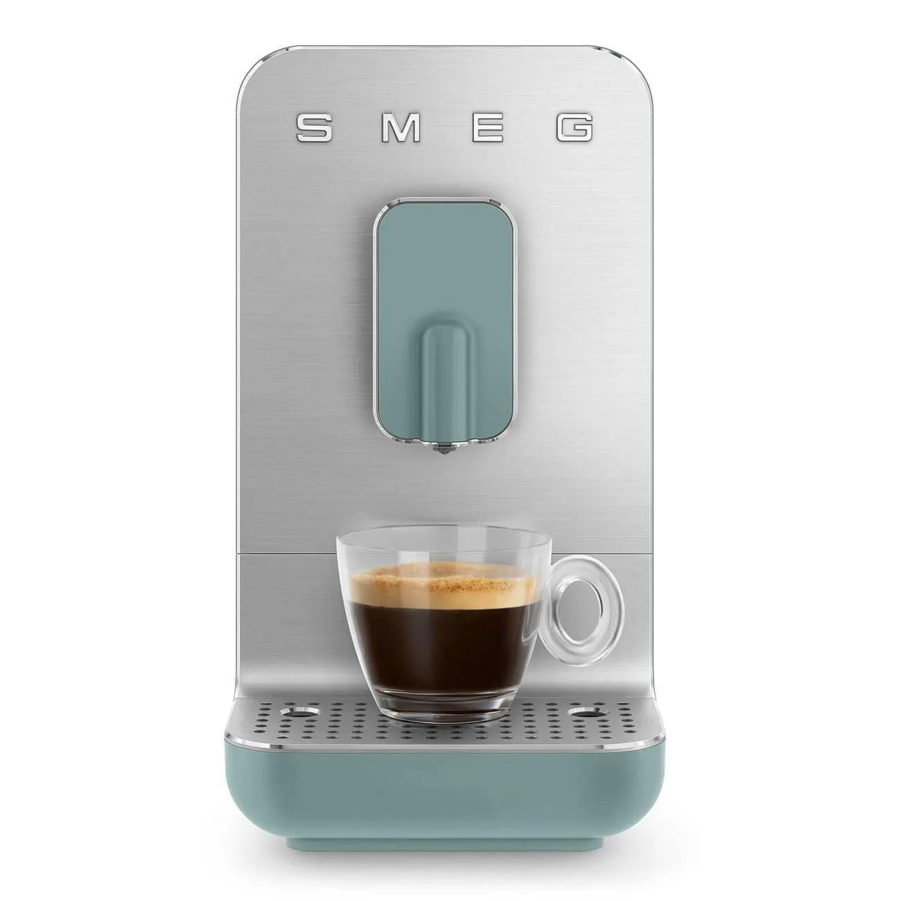 Una macchina per espresso blu e argento con un bicchiere di caffè.