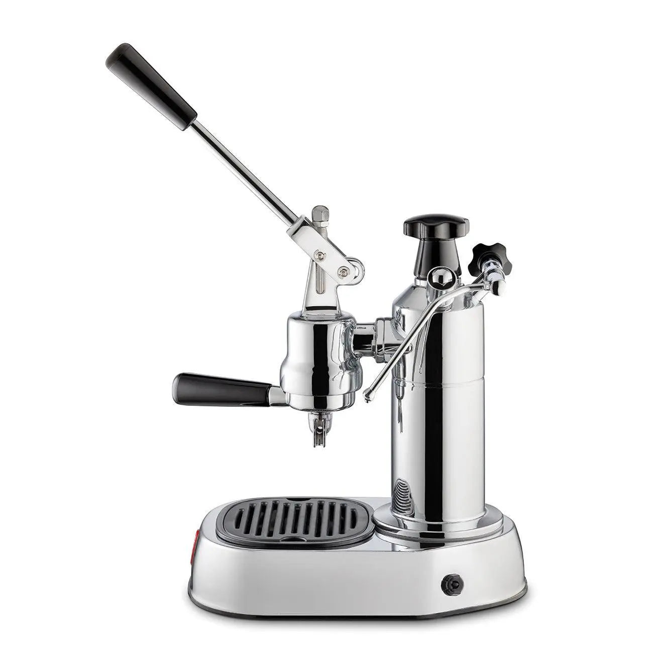 Espressomaschine mit Chromhebel, schwarzen Griffen und schwarzem Sockel.
