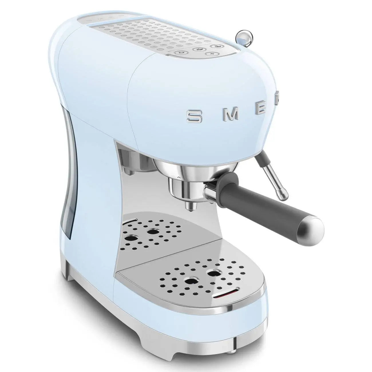 Hellblaue Espressomaschine im Retro-Stil mit Chromauslauf und Griff.