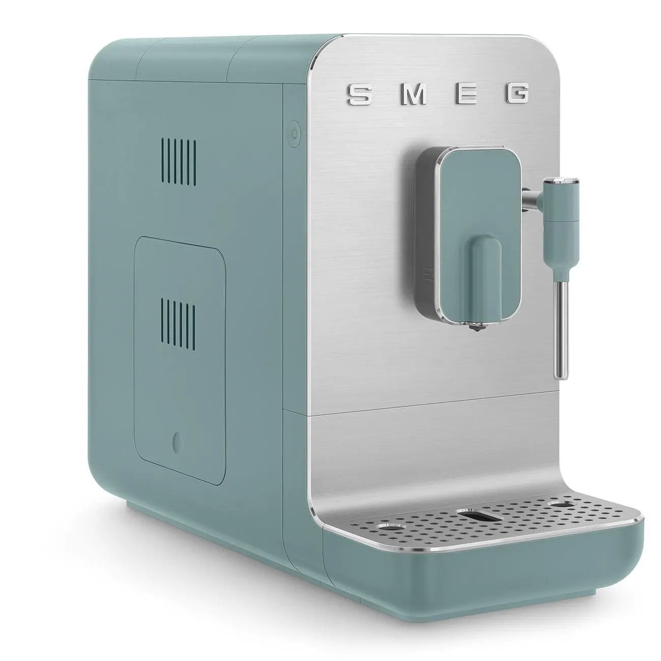 Eine türkisfarbene und silberfarbene SMEG-Espressomaschine. Auf der Vorderseite steht der Markenname.
