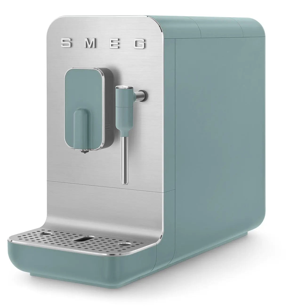 Smeg-Kaffeemaschine in Türkis mit silbernen Akzenten und Edelstahlauslauf.