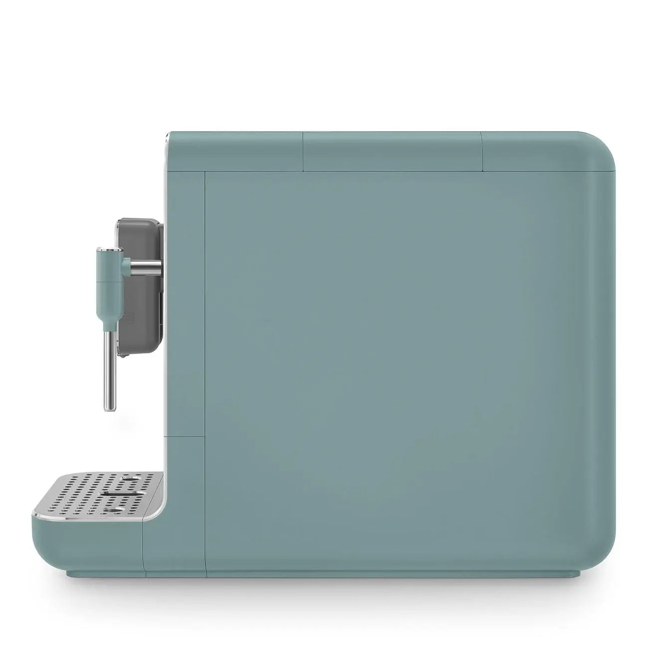 Eine blaue Kaffeemaschine von der Seite gesehen, mit einem schlanken Design und einer sauberen Ästhetik.
