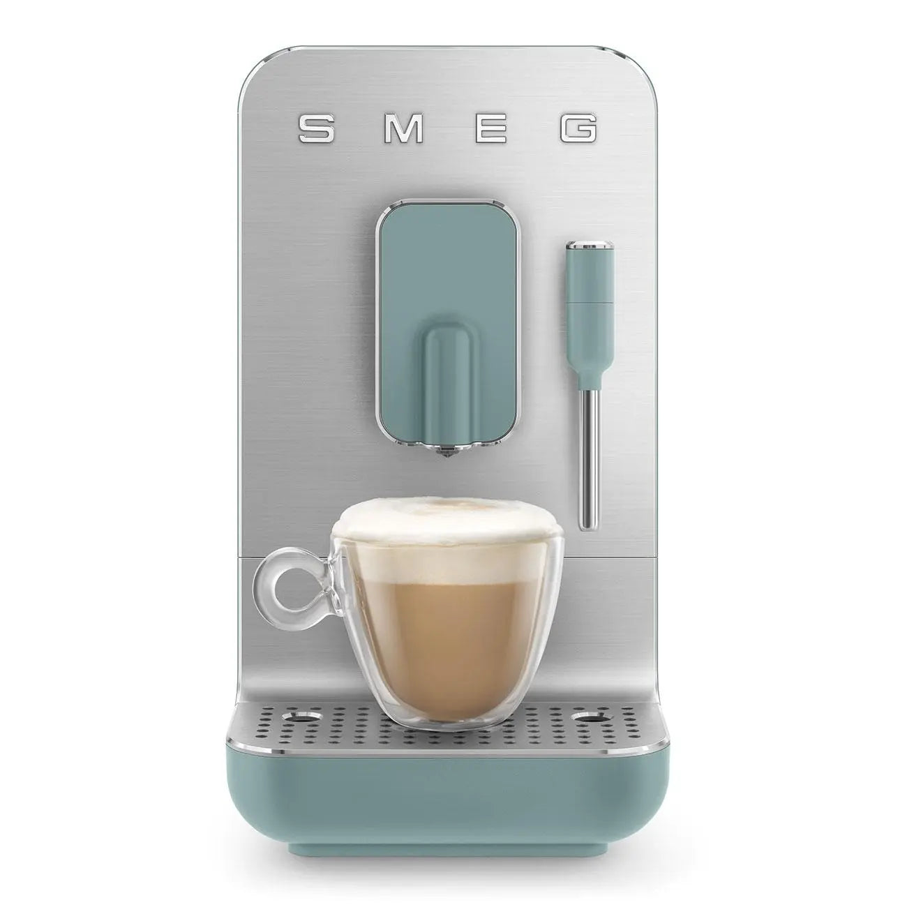Kaffeemaschine mit einem klaren Glasbecher mit Kaffee und hellblauem Äußeren.