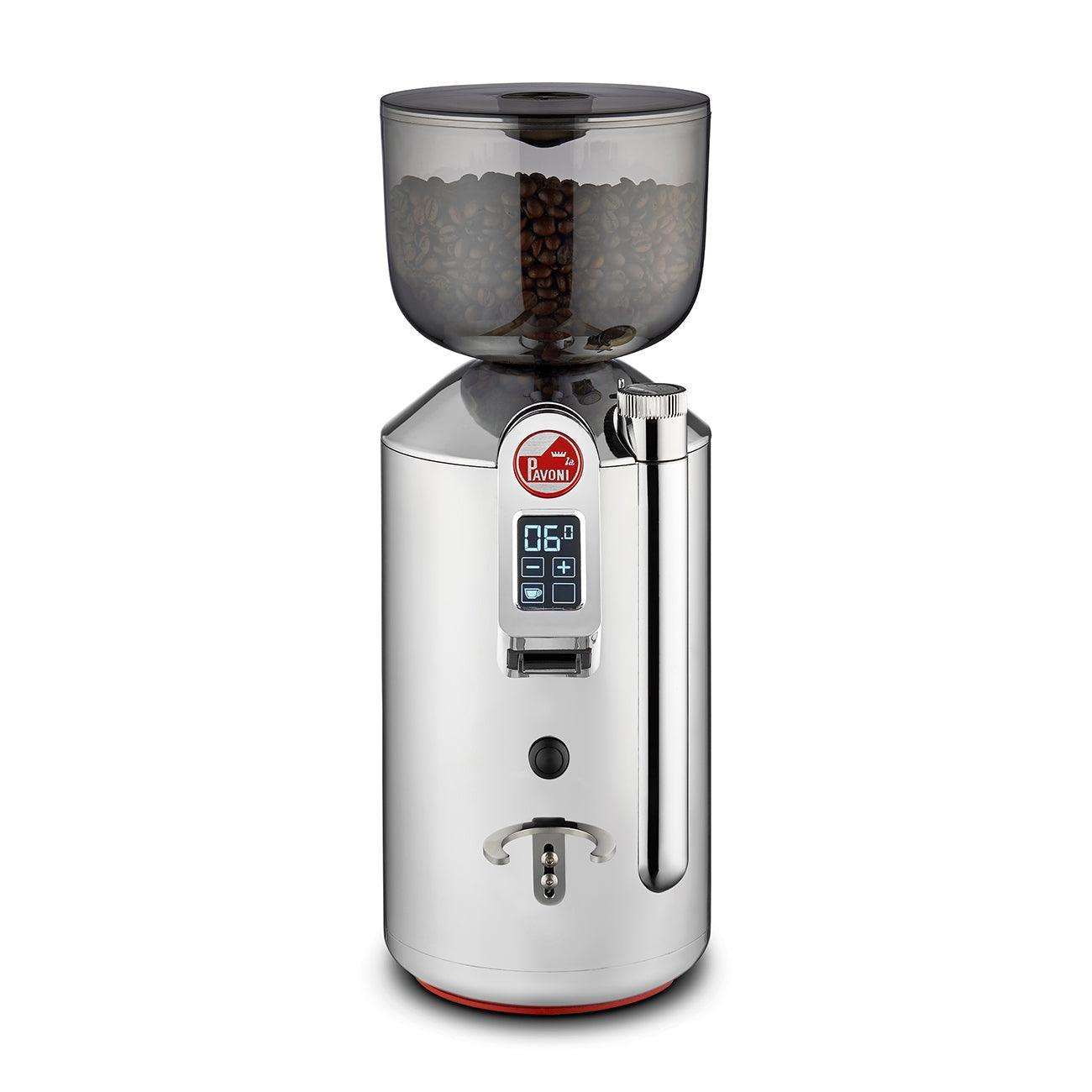 Eine silberne Pavoni Espressomühle mit Bohnenbehälter und digitaler Anzeige.