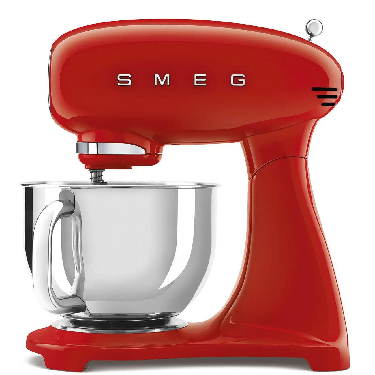 Roter Smeg Küchenmixer mit Edelstahl-Rührschüssel, zeigt das Markenlogo oben.