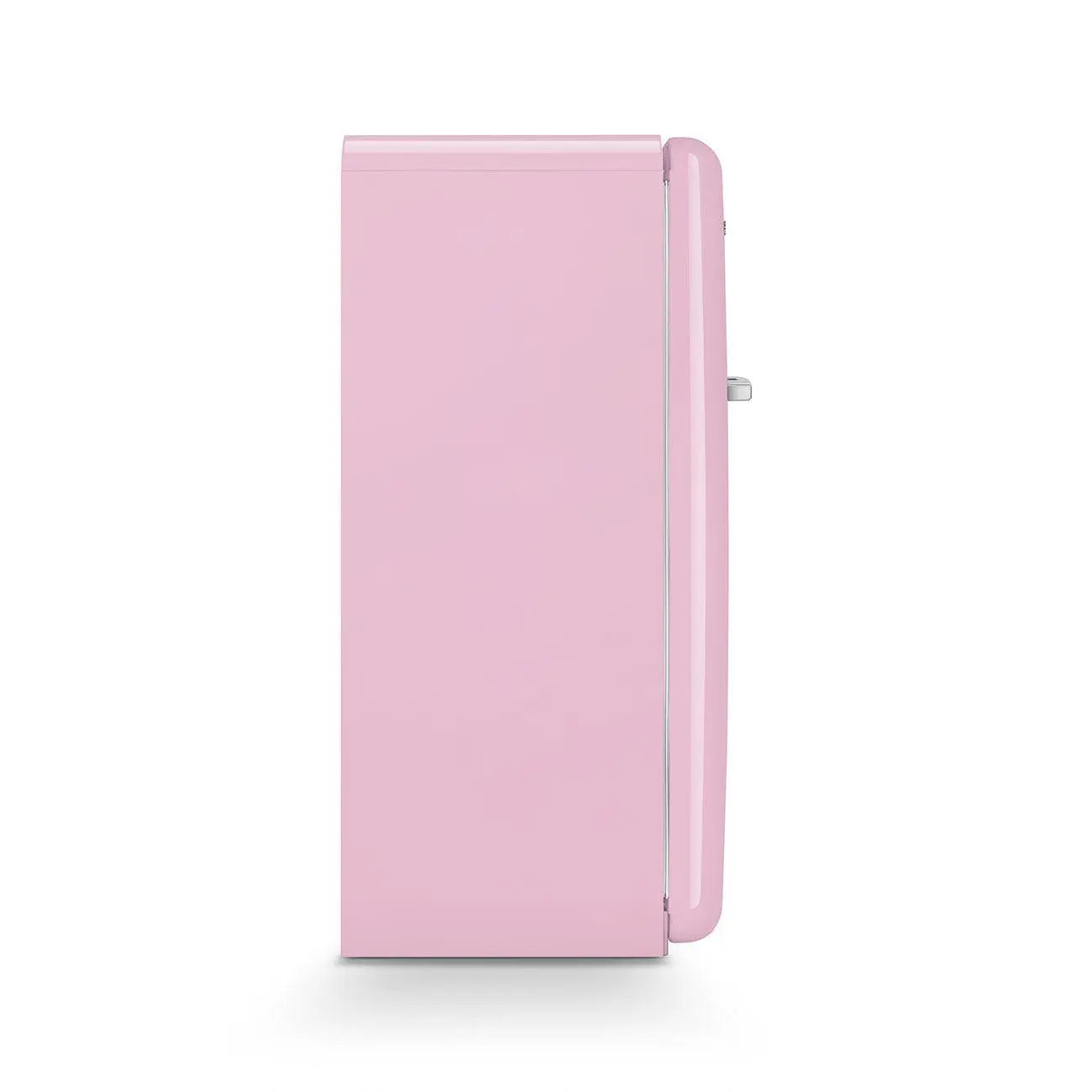 Refrigerador rosa estilo retro, vista lateral. Fondo blanco.