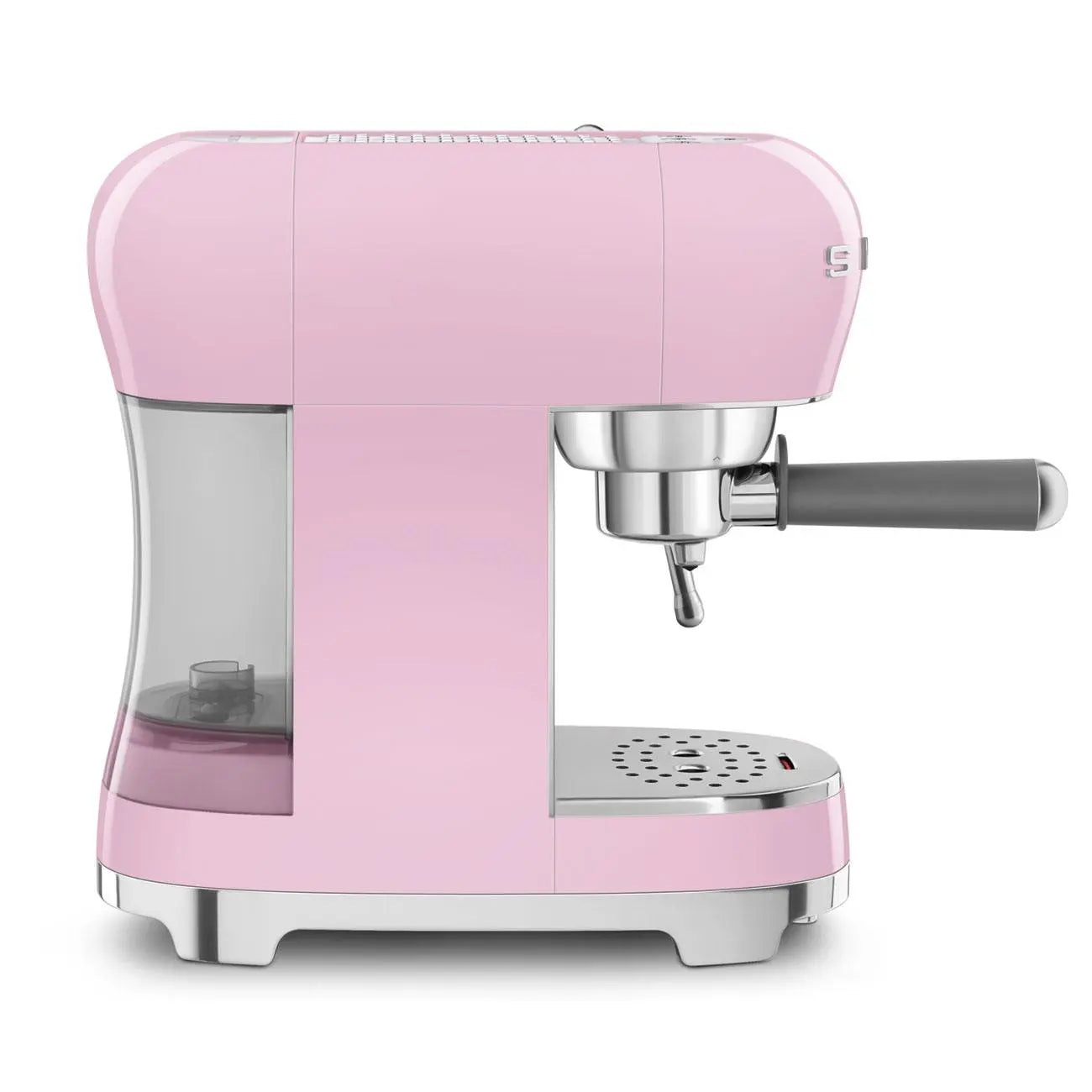 Una máquina de espresso rosa. Tiene un recipiente de agua y una boquilla metálica. La base es plateada.