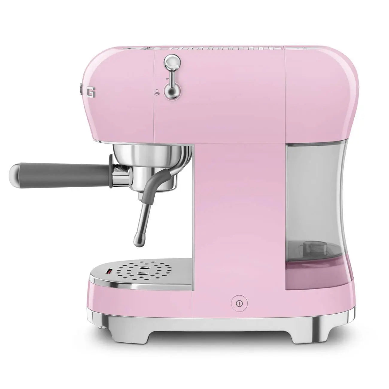 Eine rosa Kaffeemaschine mit Wassertank, Siebträger und sauberem, stilvollem Design.