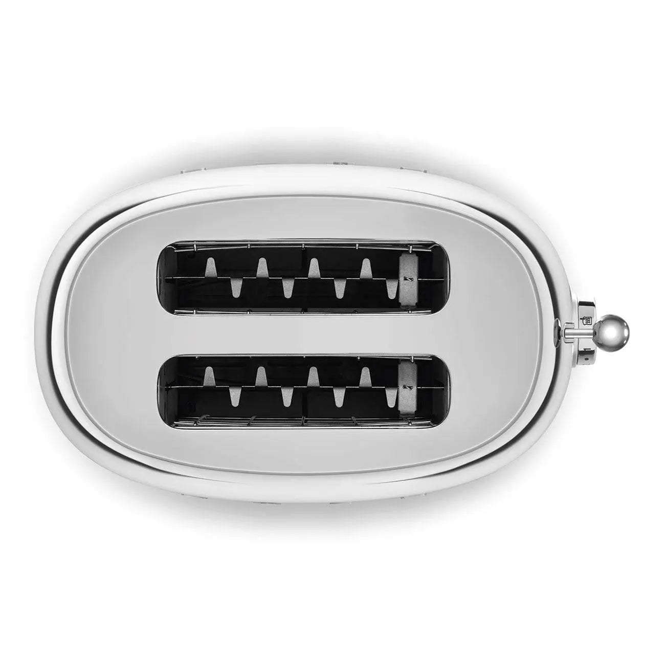 Widok z góry na biały toster z dwoma otworami. Chromowane detale.