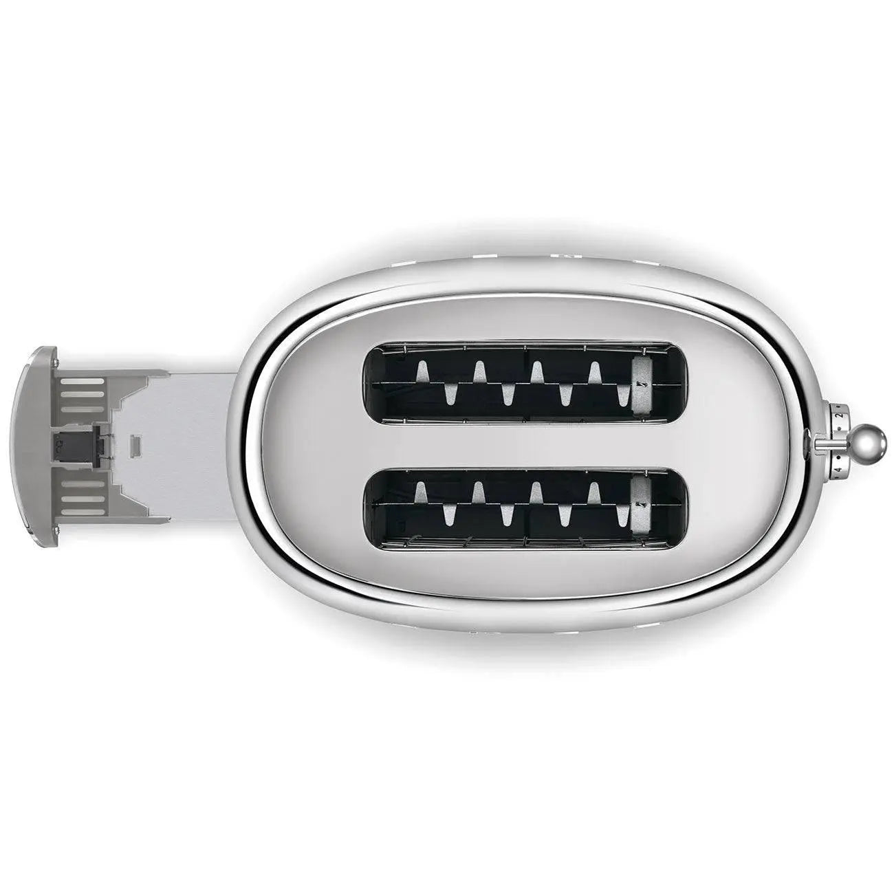 Widok z góry na chromowany toster z dwoma otworami, z wysuniętymi dźwigniami.