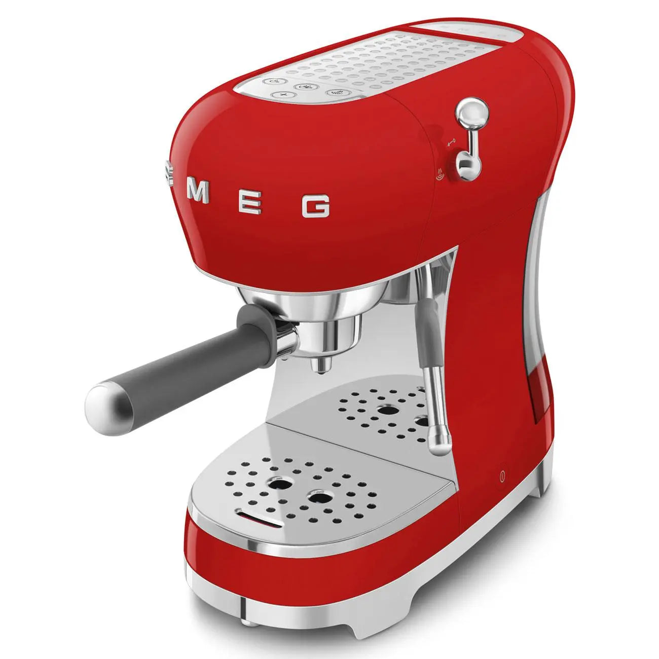 Rode SMEG espressomachine. Zilveren details, handvat en tuit. Witte achtergrond.
