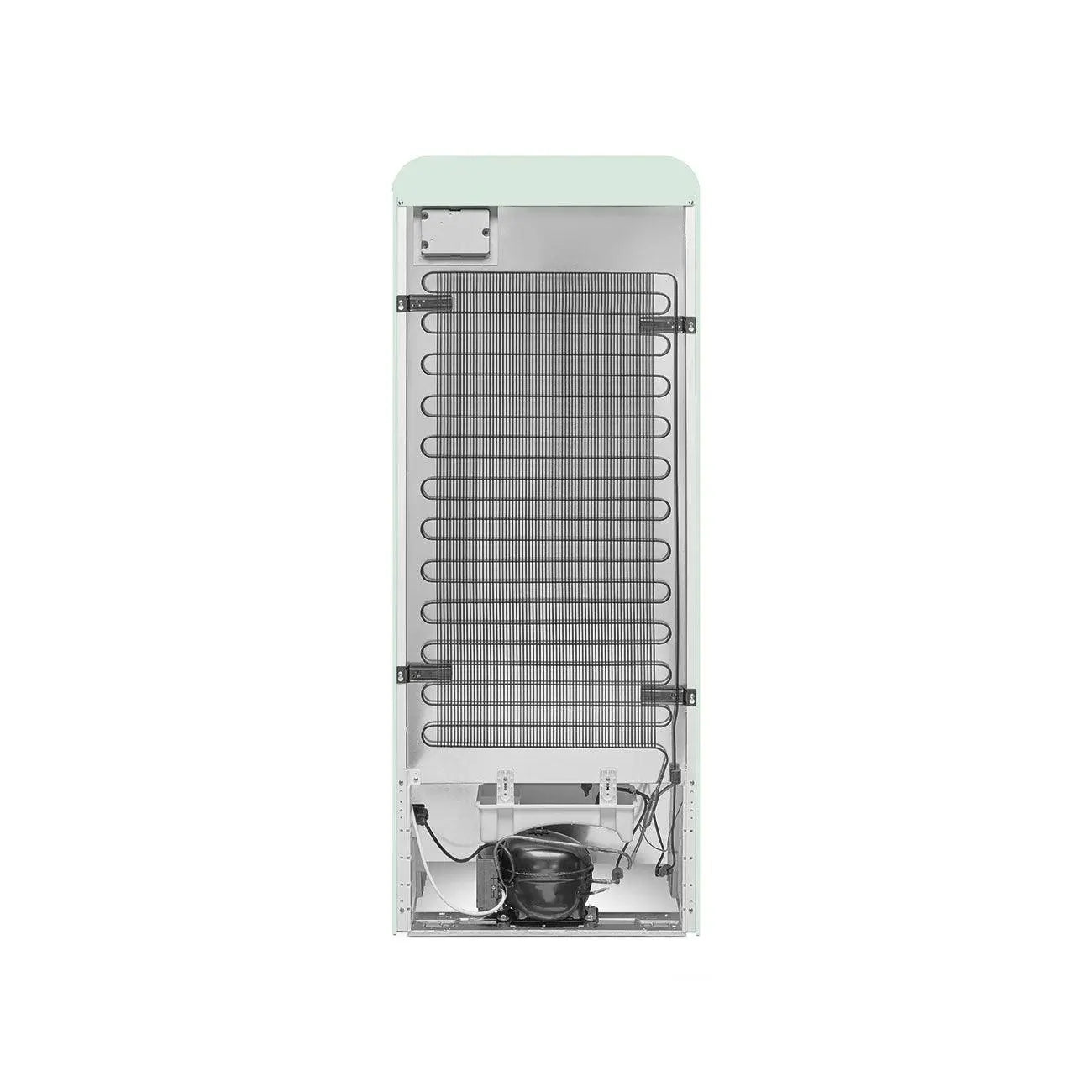 Parte trasera de un refrigerador verde menta. Muestra el compresor, las bobinas y los componentes eléctricos.