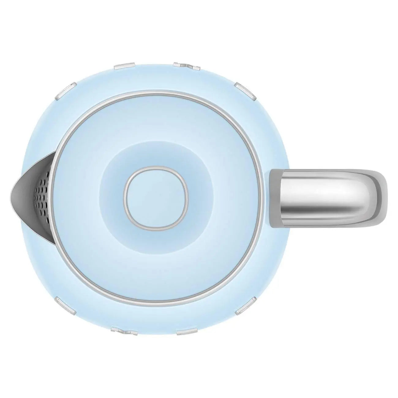 Top-down view of a light blue electric kettle with a silver handle.