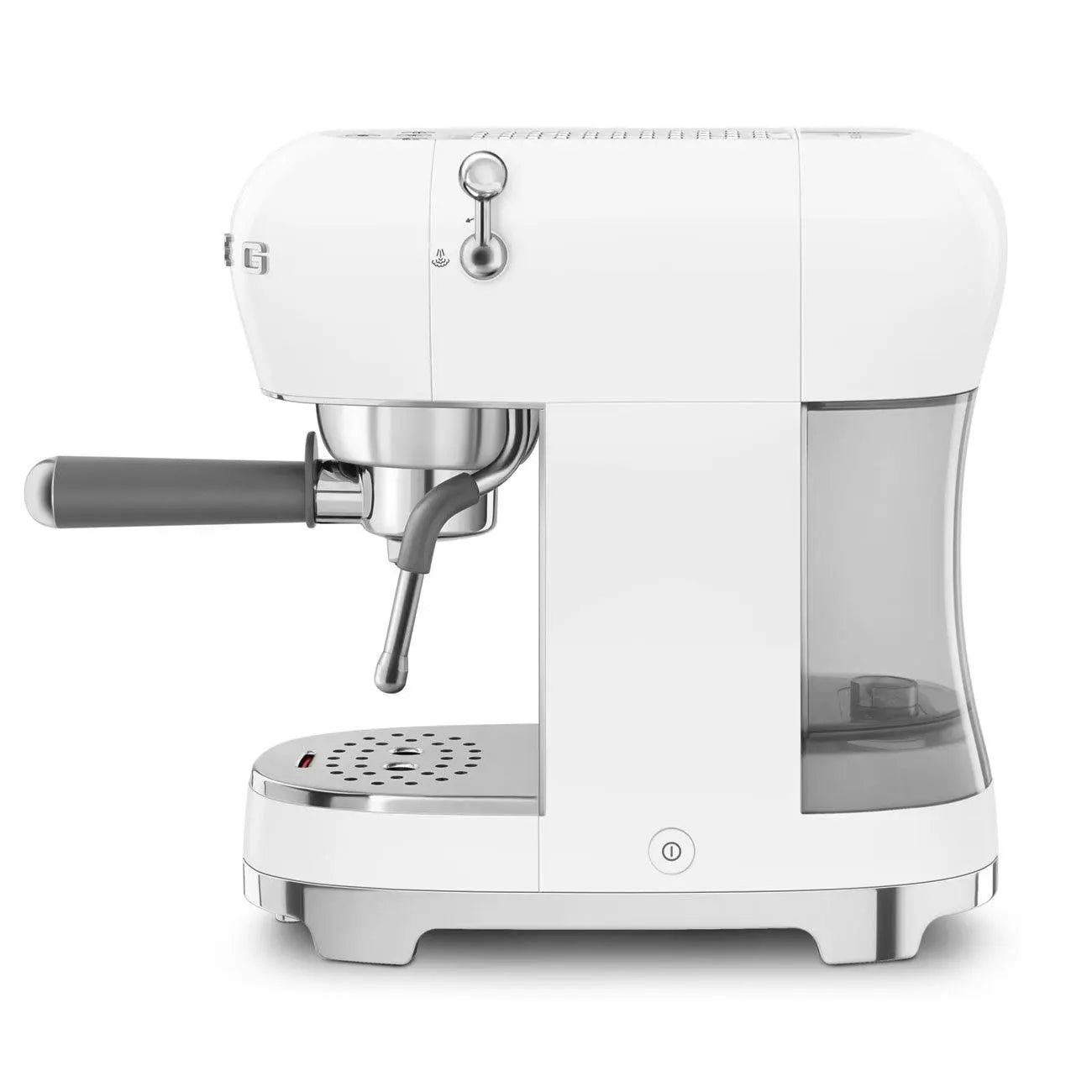 Weiße Espressomaschine mit grauem Griff, Wassertank und metallischen Akzenten.