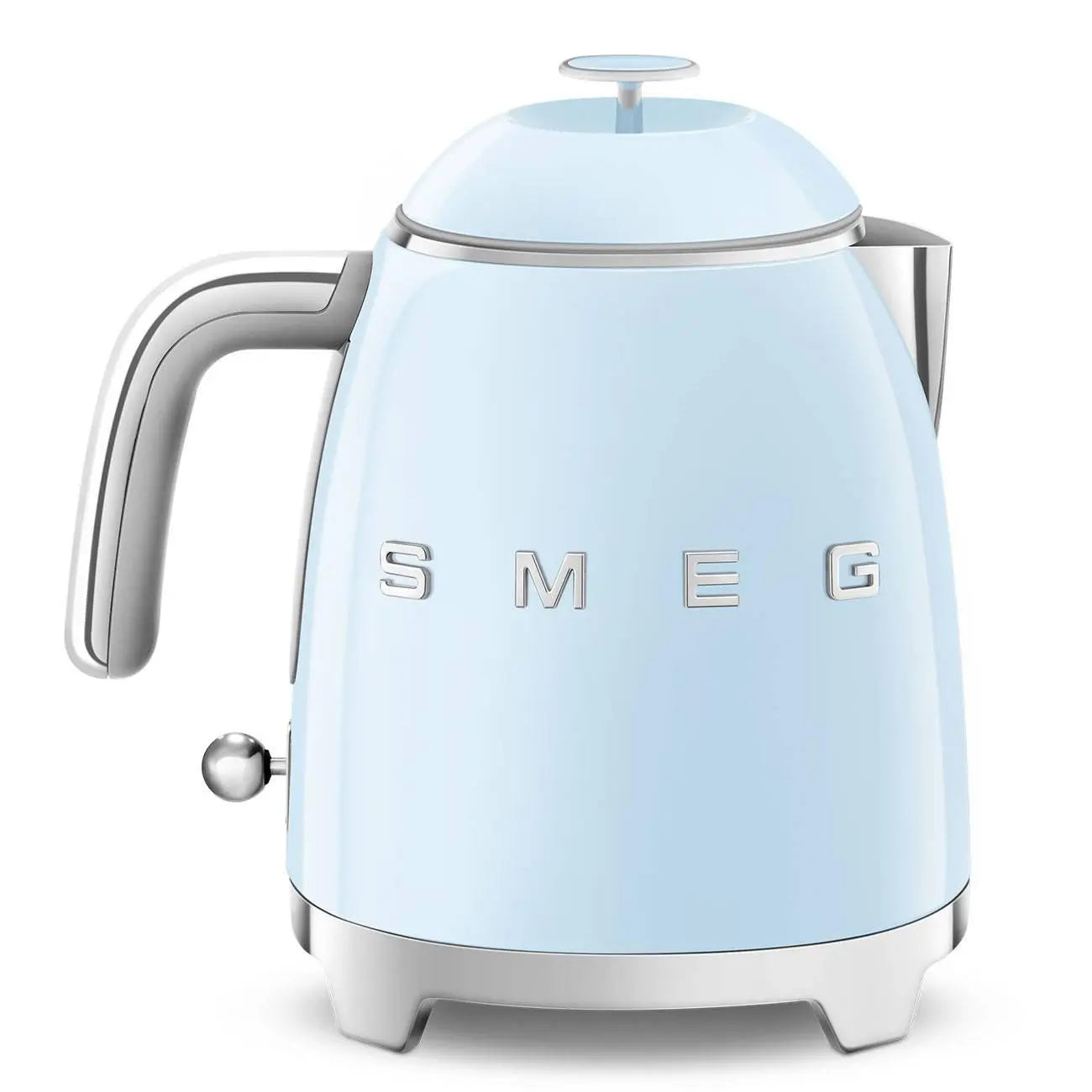 A light-blue SMEG kettle with a chrome handle and accents on a white background.