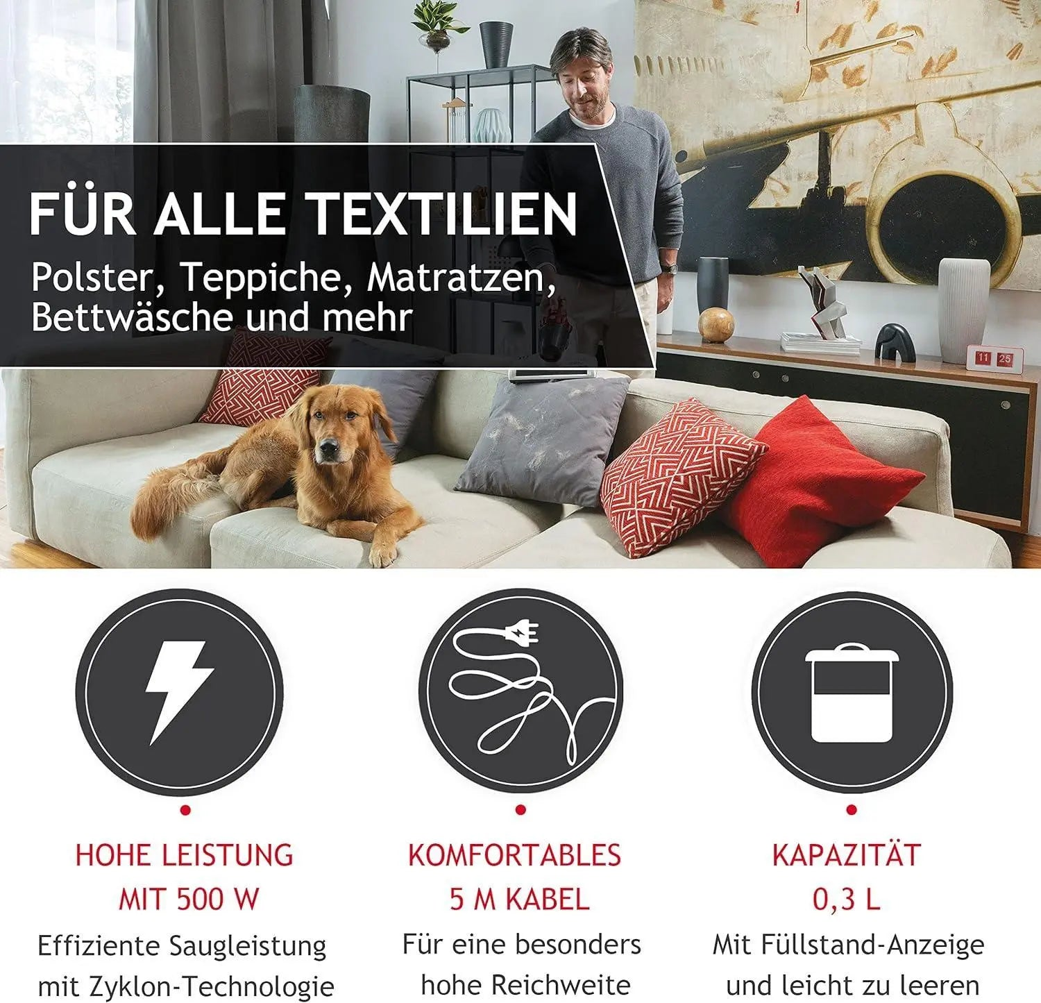 Anuncio con un hombre y un perro. Texto incluye detalles de productos sobre aspiradoras y sus características.