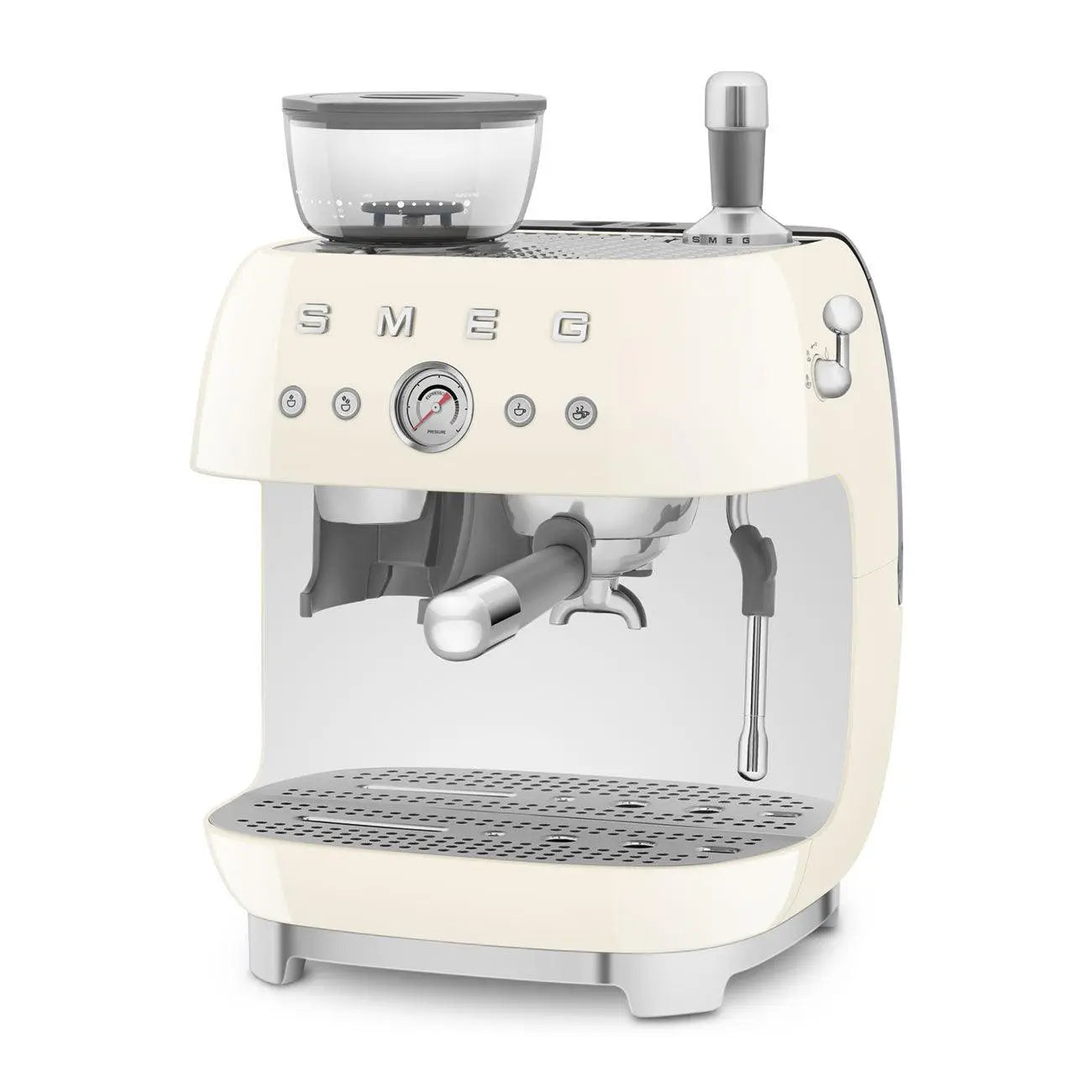 Cremefarbene Espressomaschine mit Kaffeemühle. Das Smeg-Logo ist sichtbar.