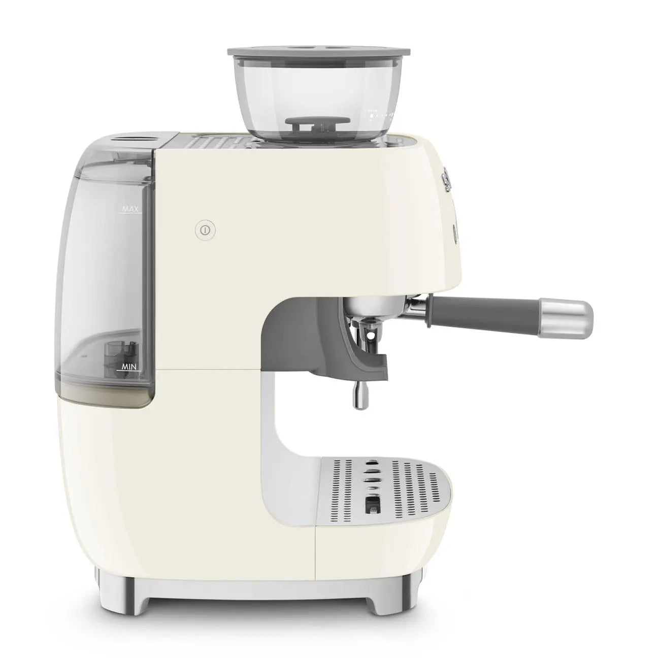 Elfenbeinfarbene Espressomaschine mit Mahlwerk. Graue Akzente und Wassertank sichtbar.