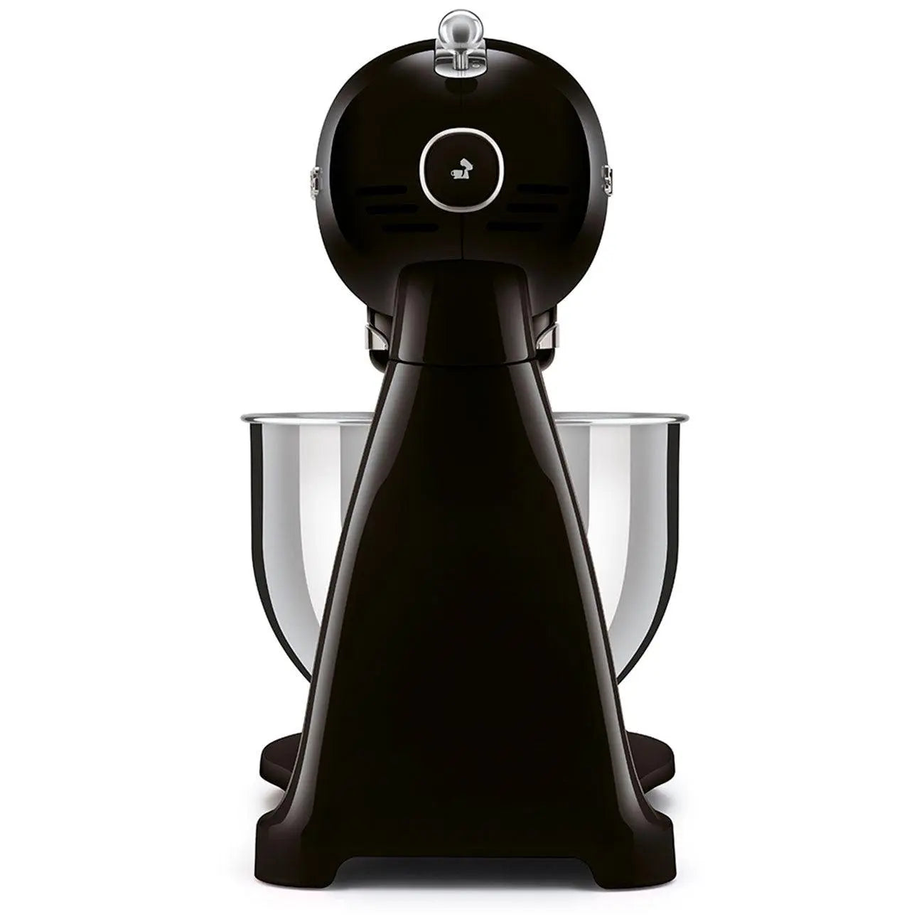 Schwarzer Küchenmixer mit silberner Schüssel, weißer Hintergrund. Rückansicht.