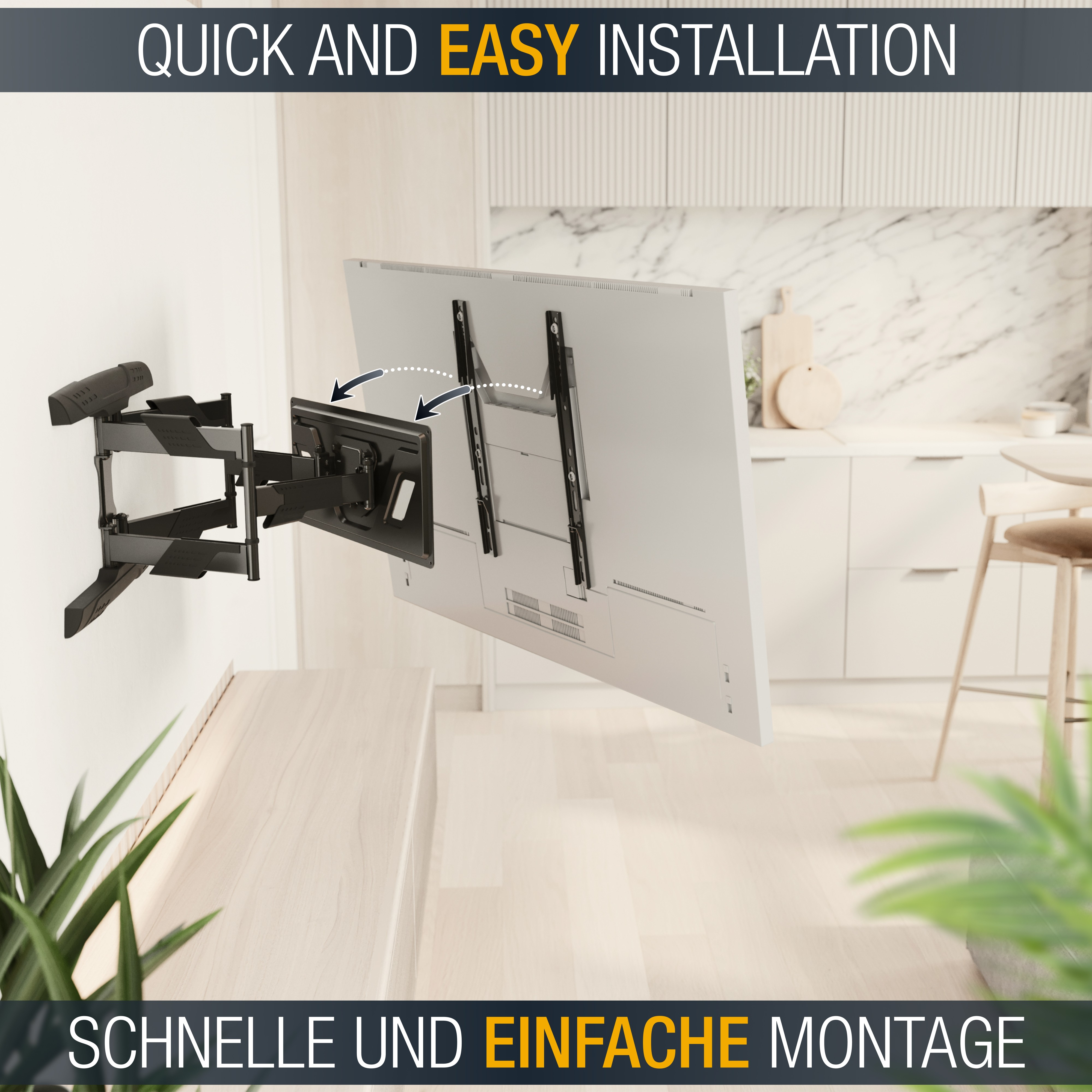 Eine schwarze TV-Halterung wird an einer weißen Wand installiert. Text: Schnelle und einfache Montage.