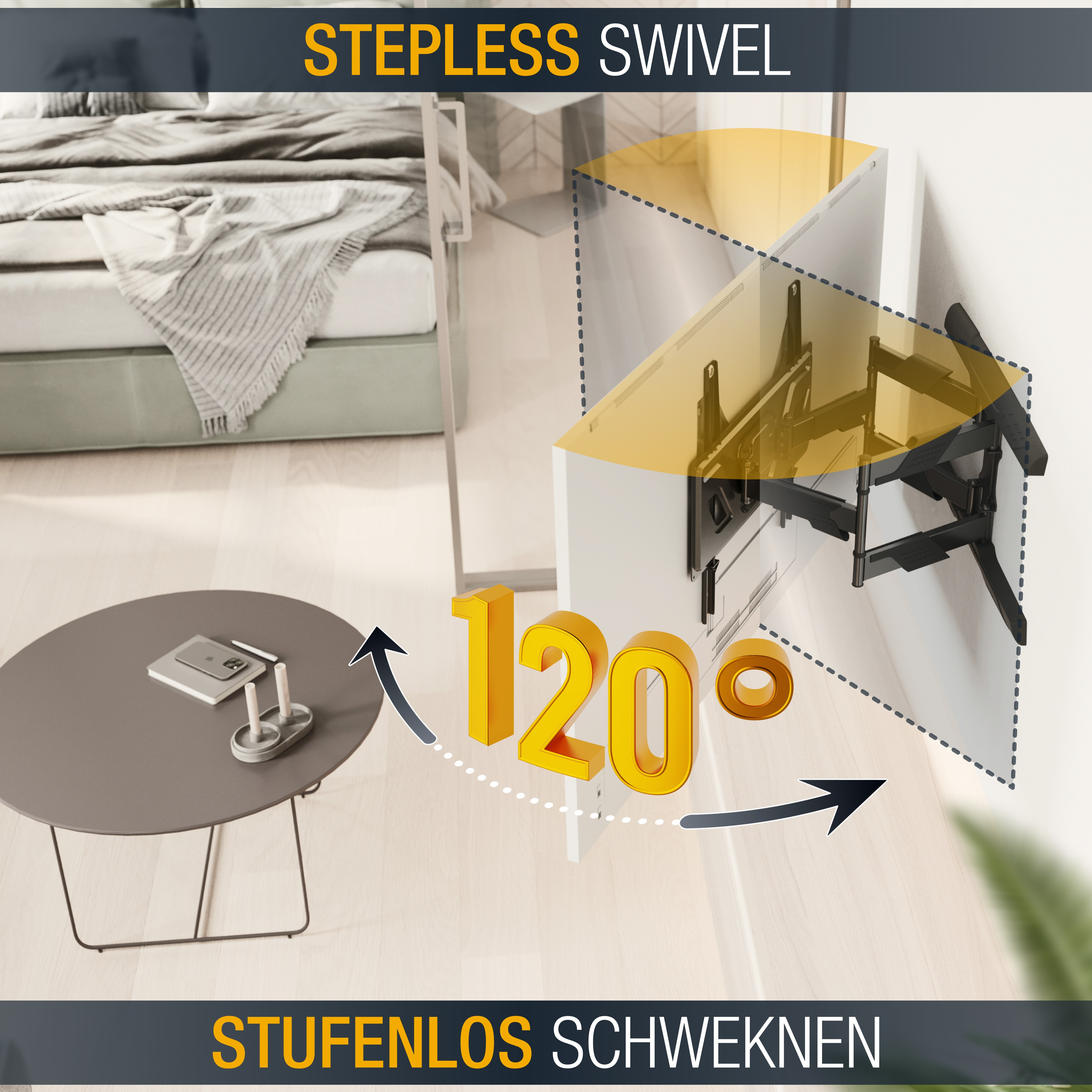 Fernseher dreht sich 120 Grad an einer Wandhalterung, mit Tisch und Telefon.