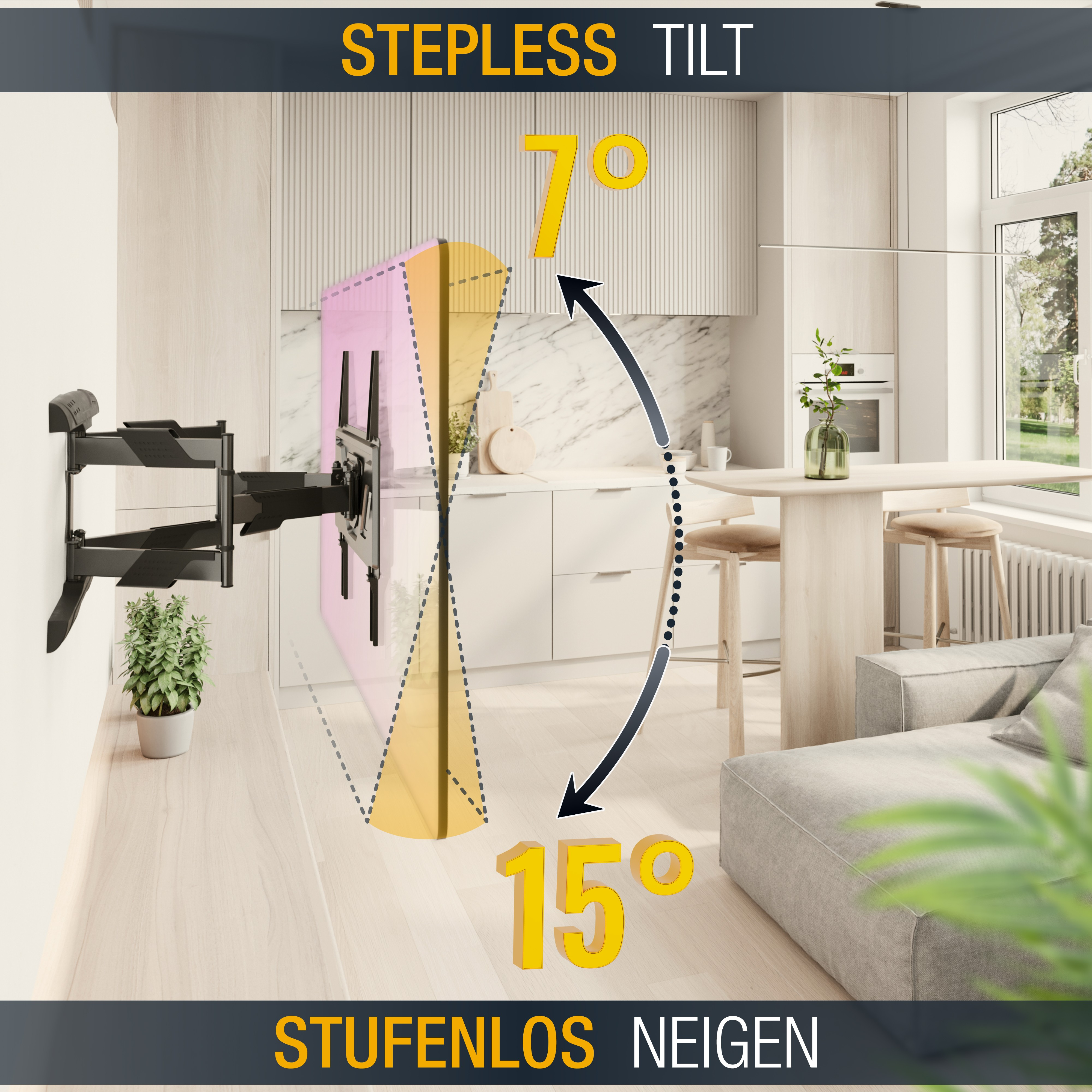 Diagramm, das einen Monitor an einer Wandhalterung zeigt und Neigungswinkel anzeigt.