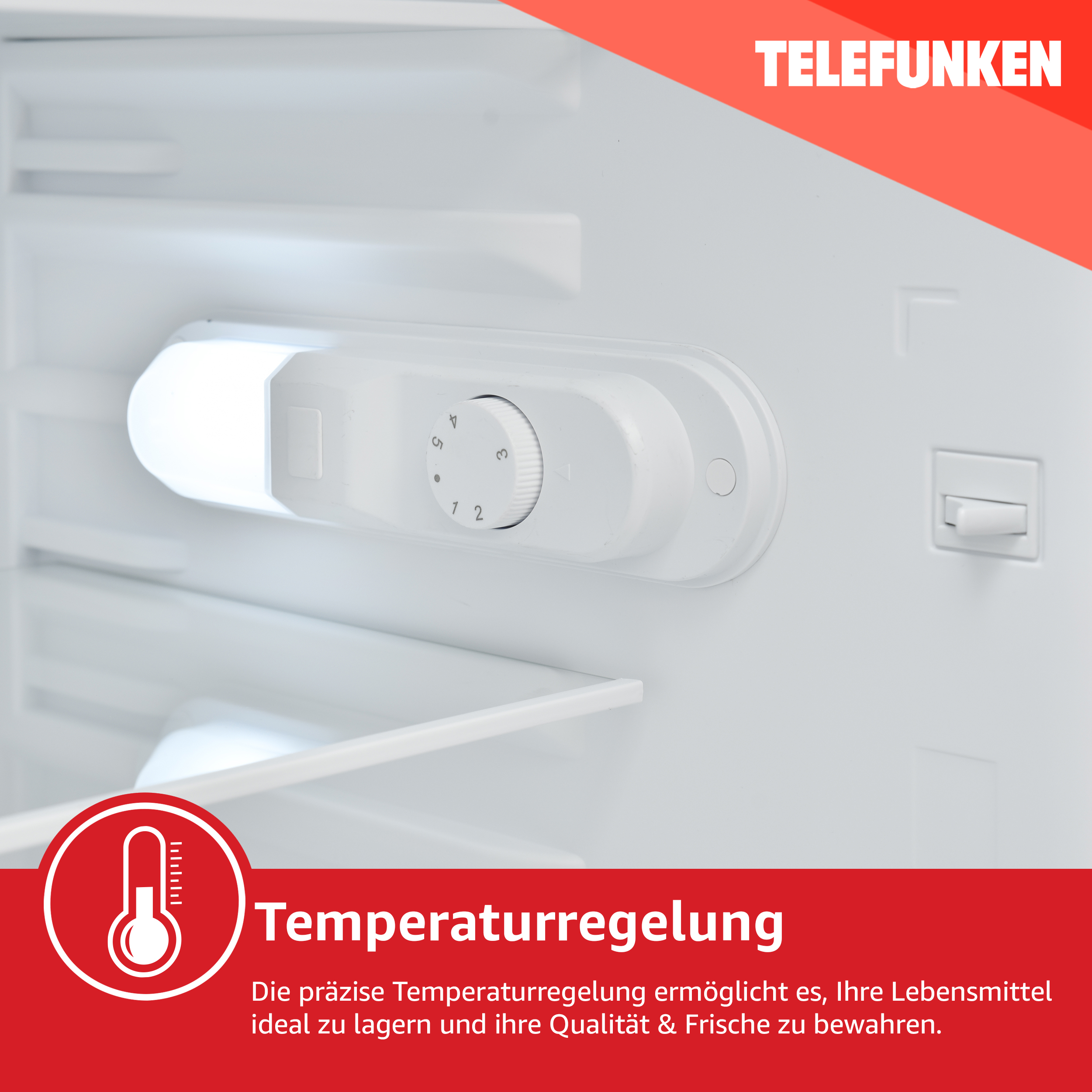 Im Inneren eines weißen Telefunken-Kühlschranks. Ein Drehregler und Text sind sichtbar.