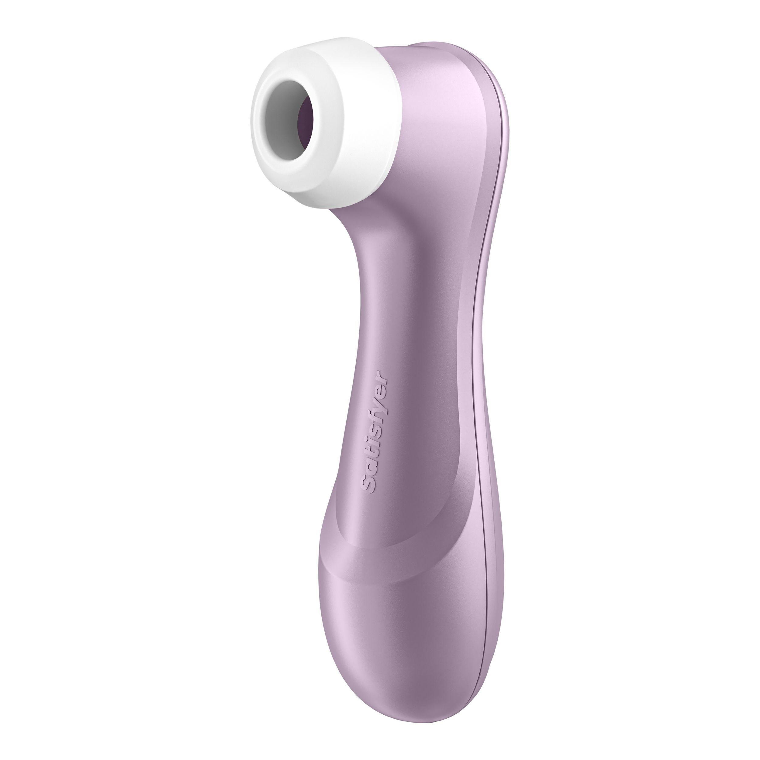 Lila-weißer Vibrator. Weiße Spitze, lila Körper. 'Satisfyer' steht darauf.