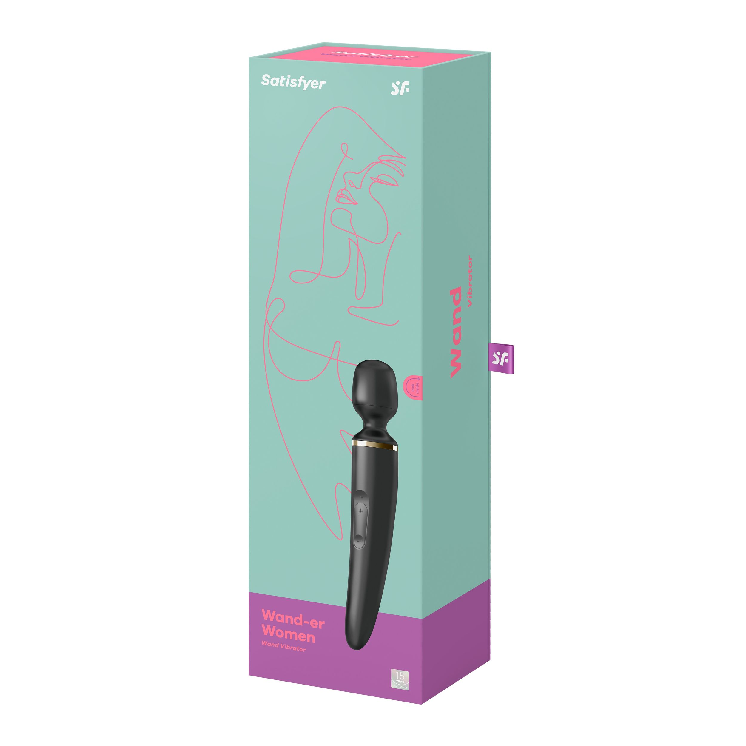 Pudełko z czarnym wibratorem, z napisem "Satisfyer Wand-er Women". Zawiera rysunek kobiety.