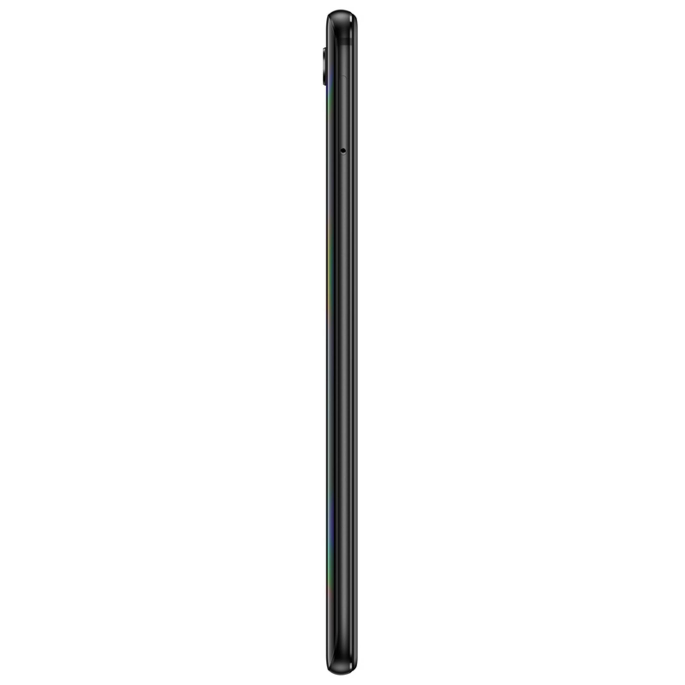 Seitenansicht eines schwarzen Smartphones. Schlankes, minimalistisches Design. Kamera und Tasten sichtbar.