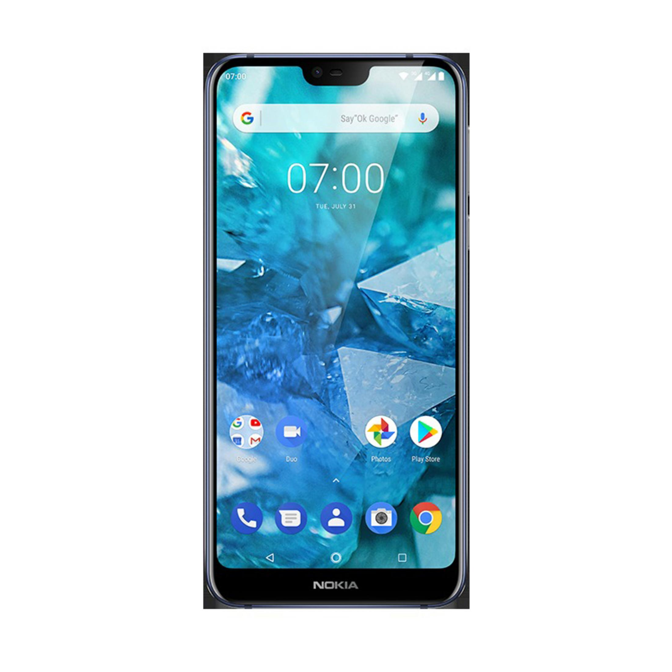 Smartfon Nokia wyświetlający godzinę, pasek wyszukiwania Google i ikony aplikacji na ekranie. Nowoczesny design.