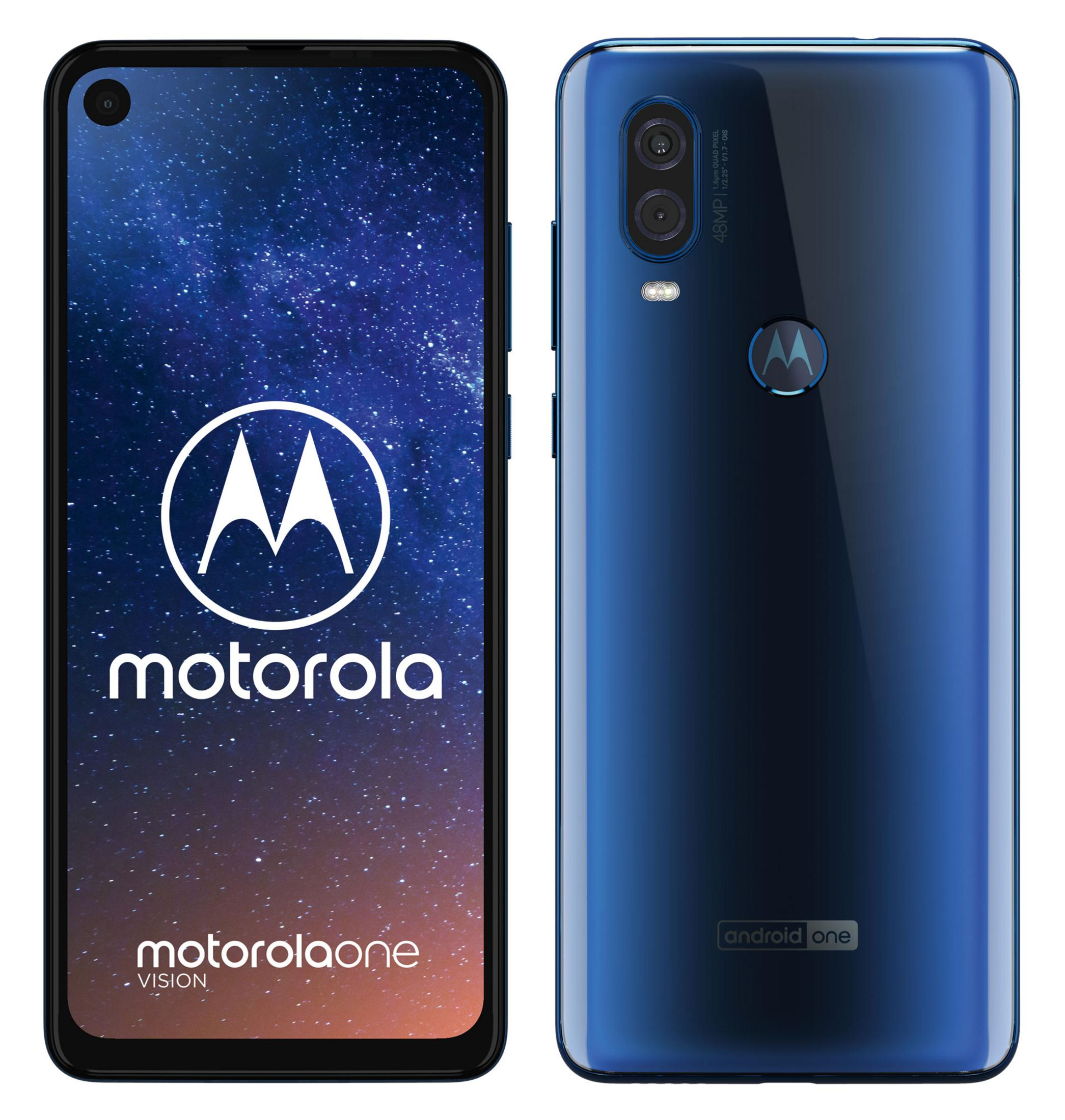 Ein blaues Motorola-Telefon. Eine Seite zeigt den Bildschirm, die andere die Rückseite mit Kameras.