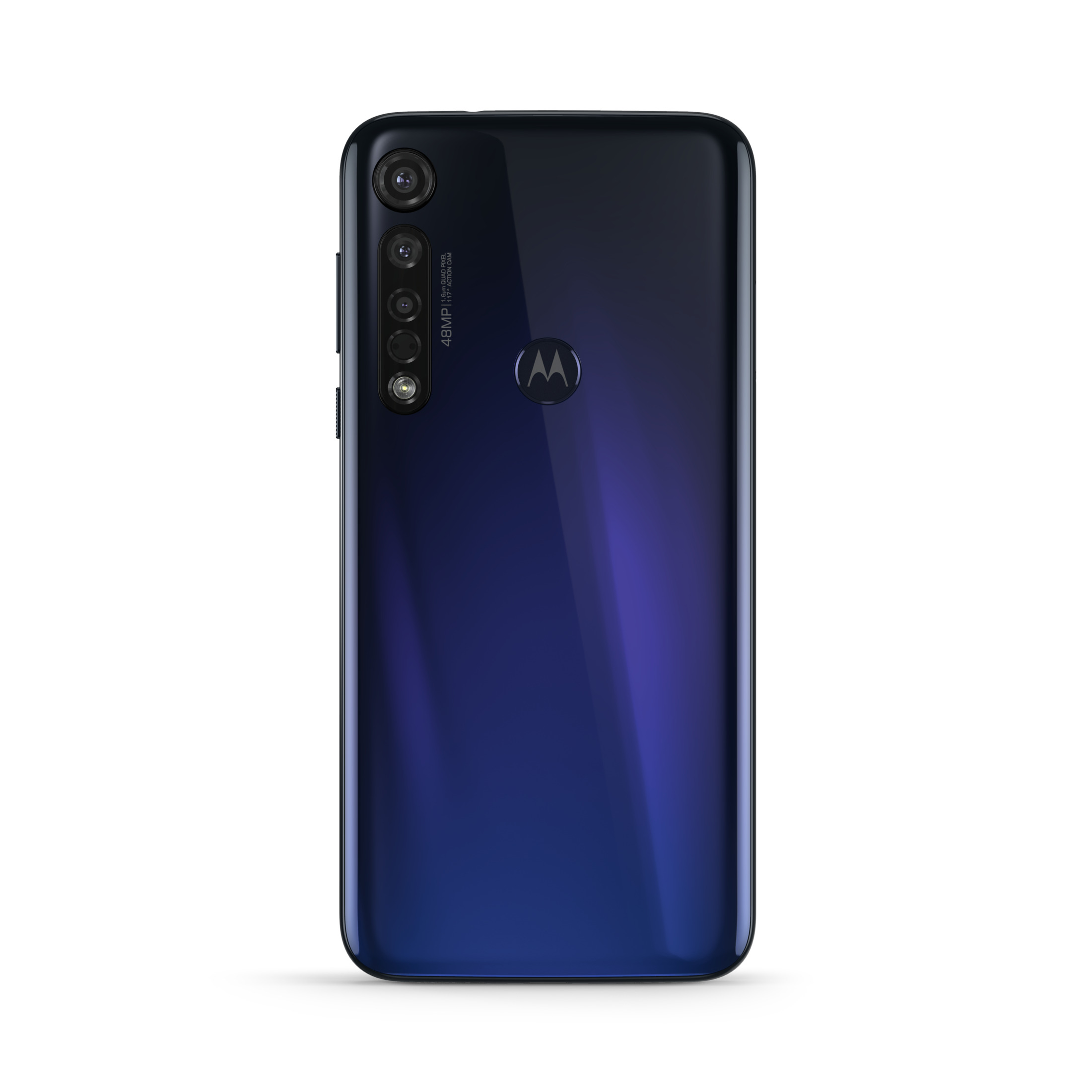 Rückseite eines blau-schwarz verlaufenden Telefons mit mehreren Kameras und Motorola-Logo.