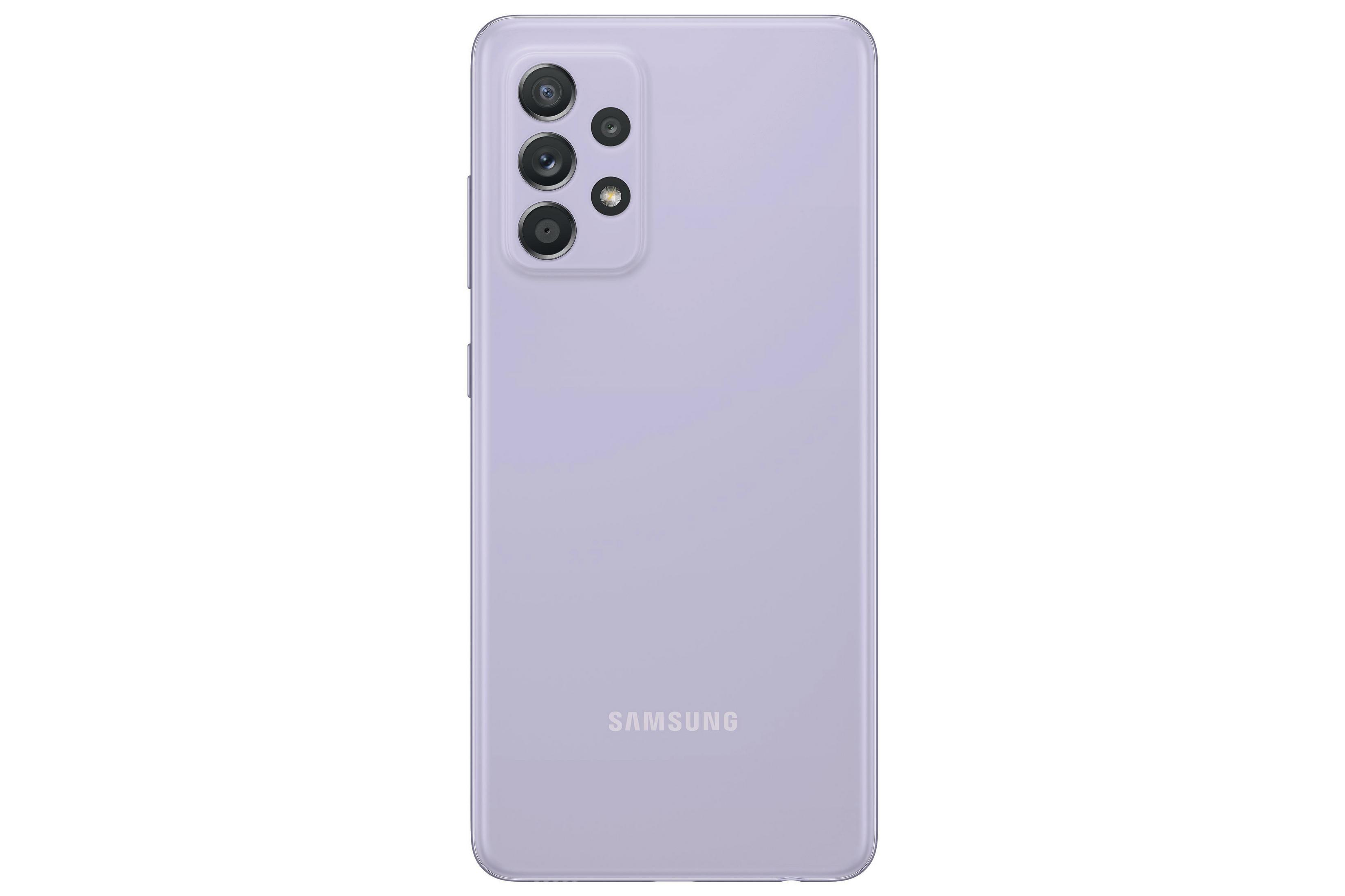 Widok z tyłu fioletowego telefonu Samsung. Ma wiele tylnych aparatów i logo Samsung.