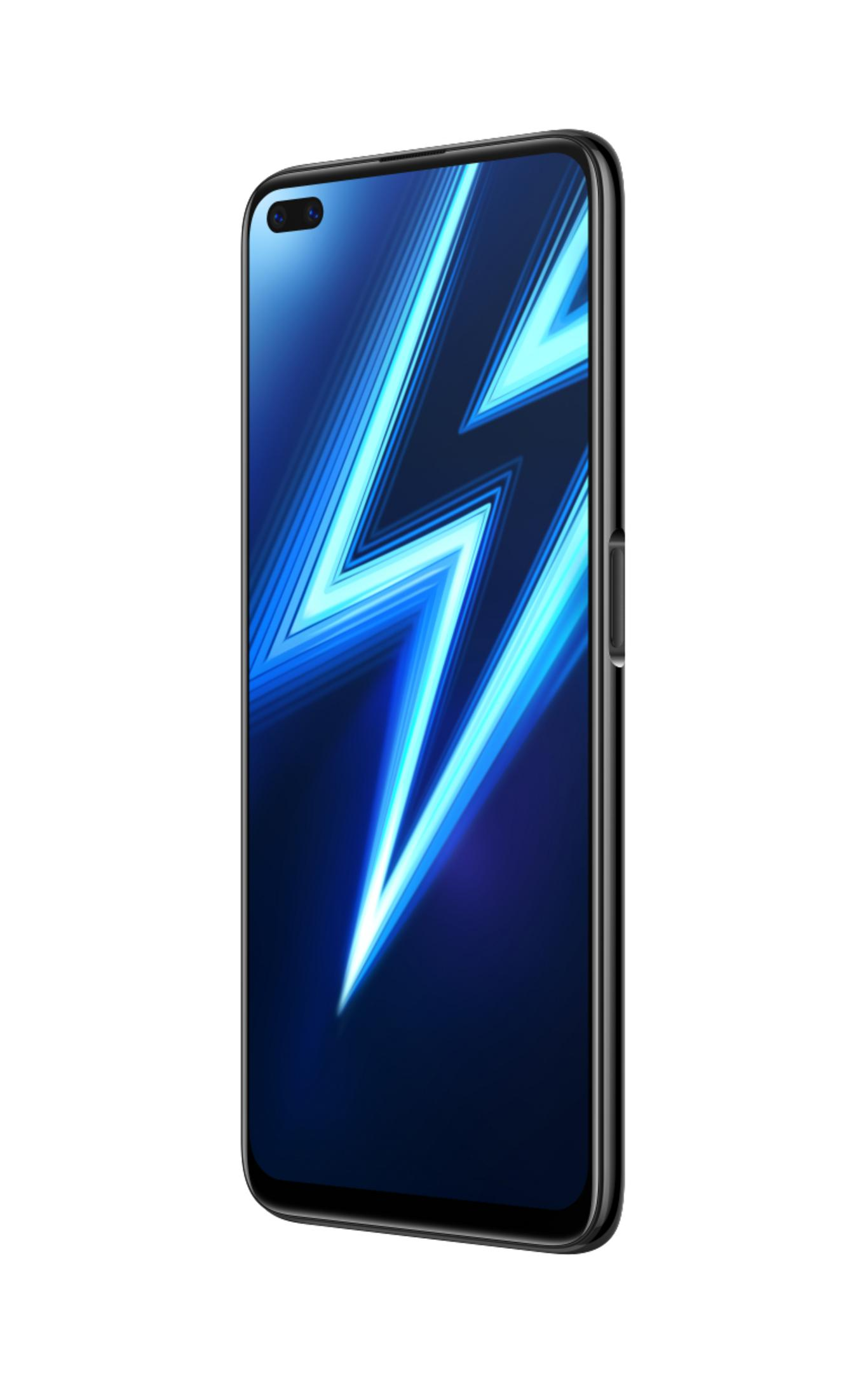 Smartphone auf Weiß, angewinkelt. Zeigt eine blaue Blitzgrafik auf dunkelblauem Hintergrund.