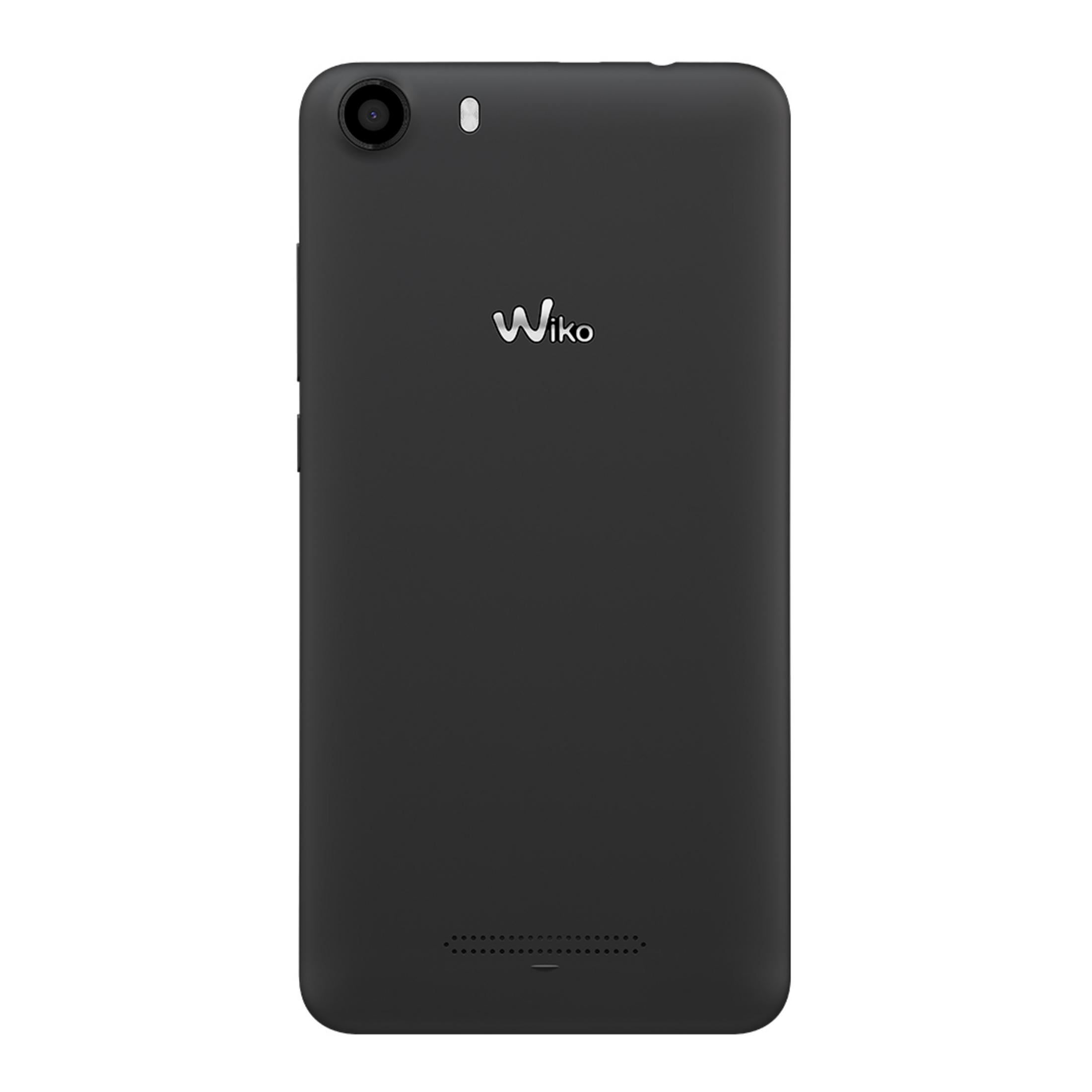 Schwarzes Wiko-Smartphone. Rückansicht mit Kamera, Lautsprecher und dem Wiko-Logo. Schwarzer Hintergrund.