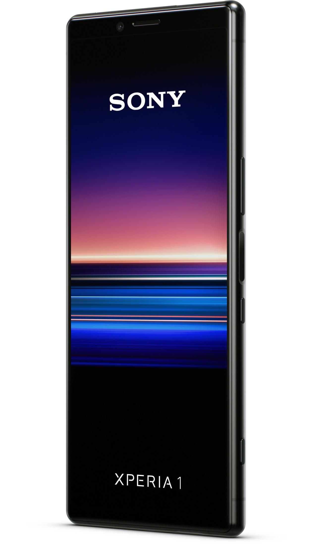 Ein schwarzes Sony Xperia 1 Telefon wird gezeigt. Der Telefonbildschirm zeigt das Sony-Logo und einen bunten Hintergrund.