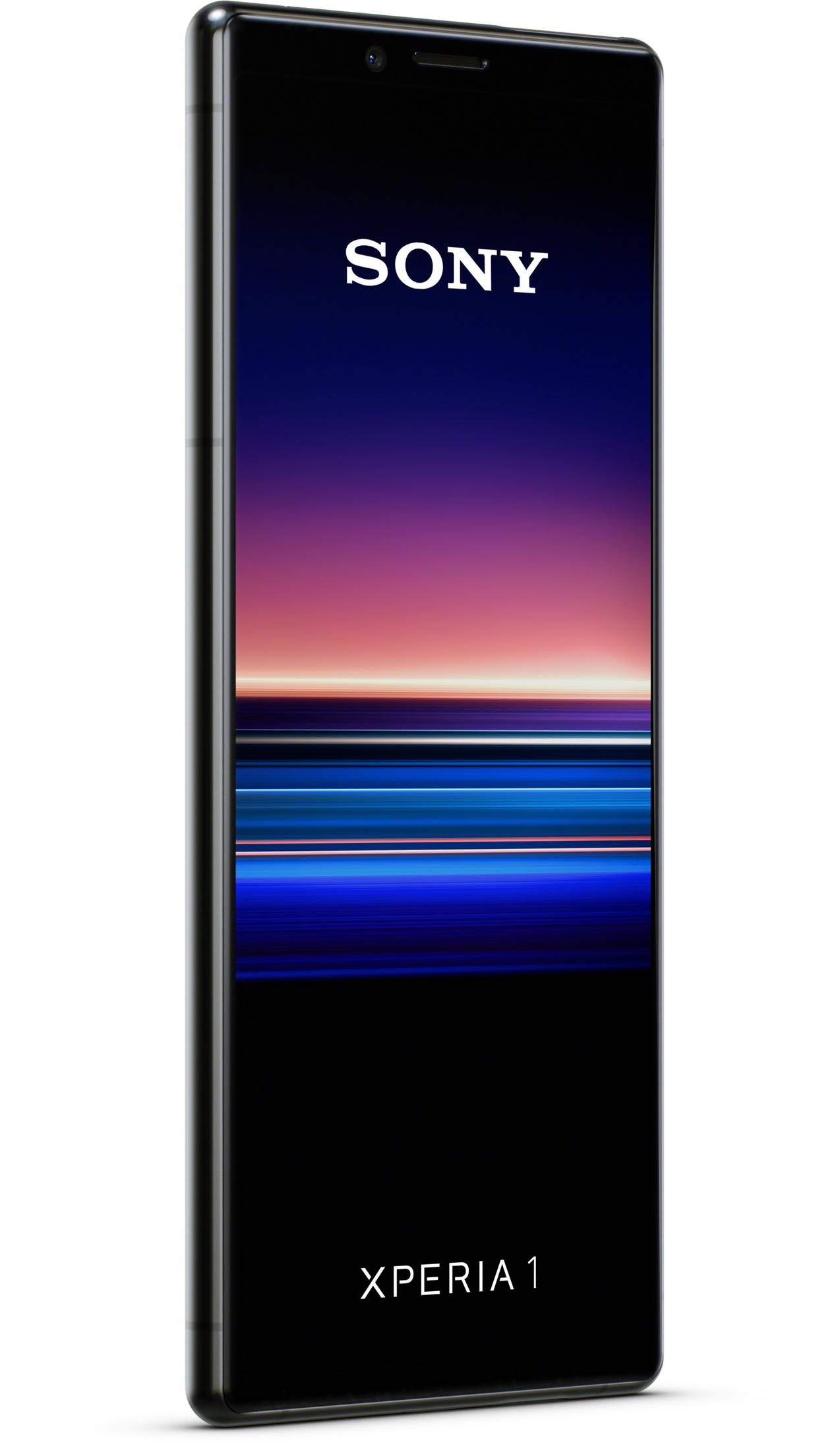 Schwarzes Sony-Telefon mit langem Display. Das Sony-Logo ist weiß, Telefon sagt XPERIA 1.