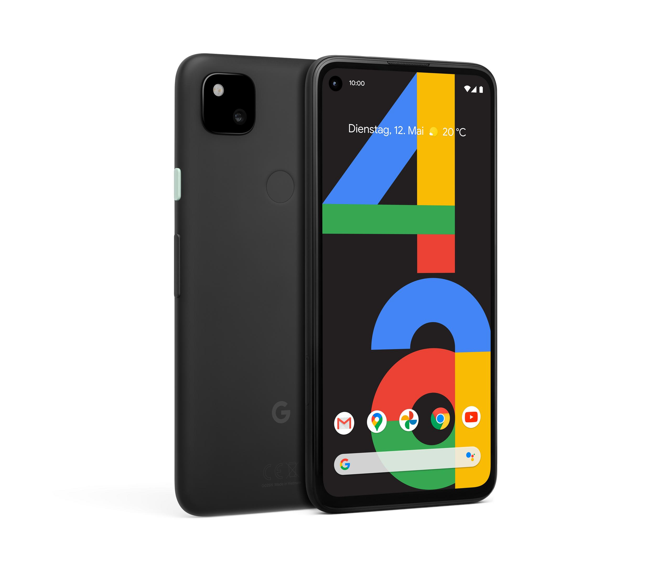 Schwarzes Smartphone mit Google-Logo auf der Rückseite und Datum auf dem Bildschirm.