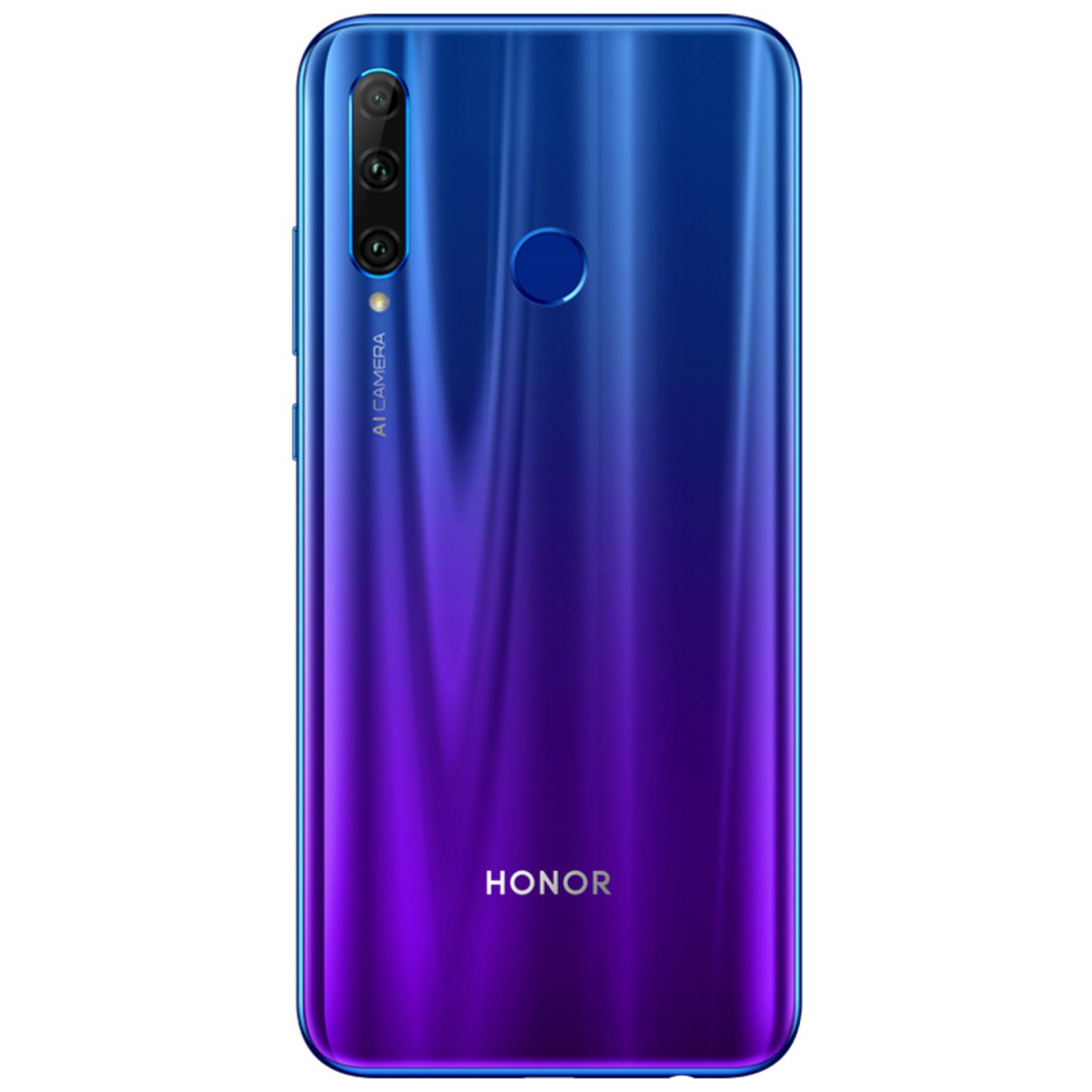 Parte trasera del teléfono con degradado azul y morado. Tres cámaras y sensor de huellas dactilares. Marca Honor. Fondo blanco.