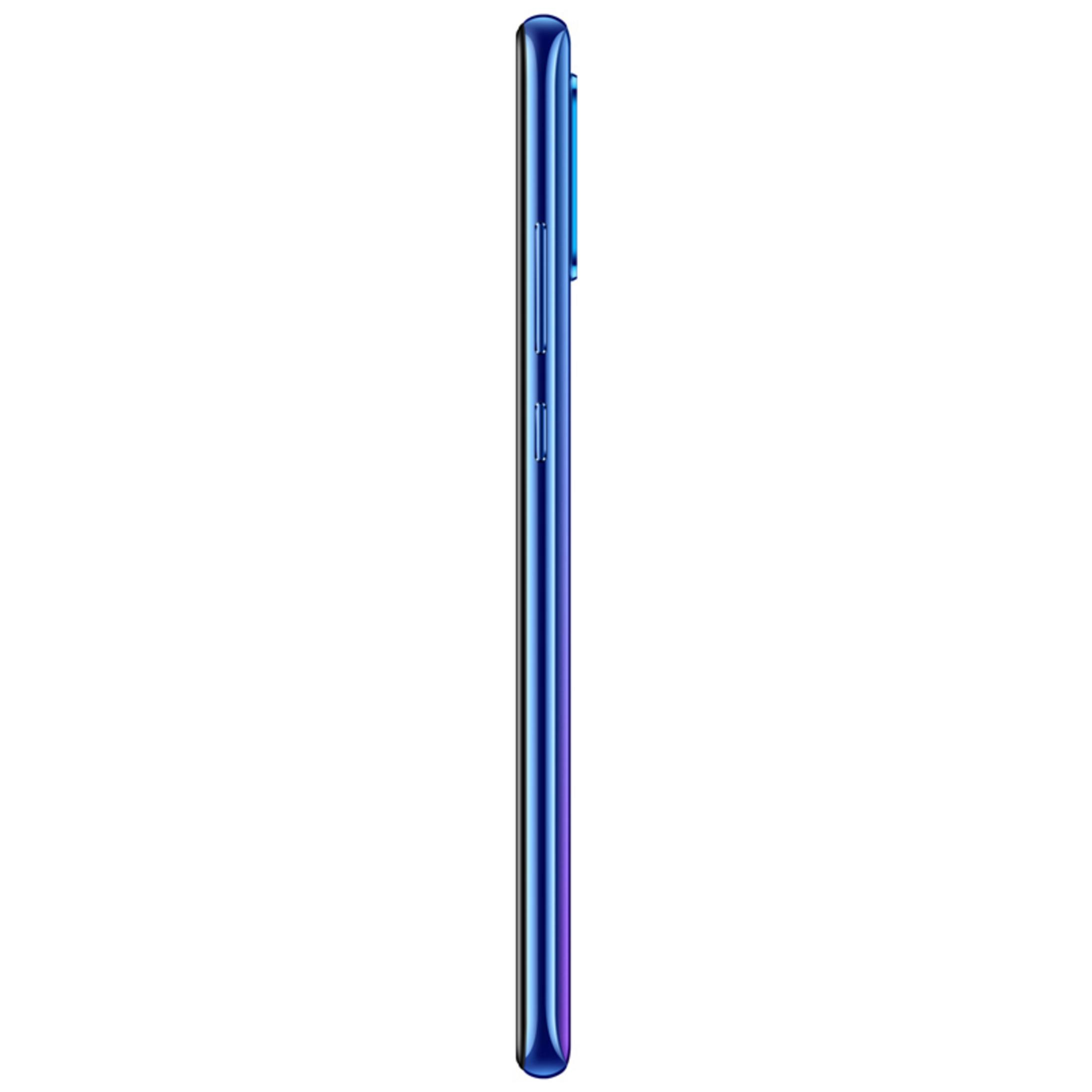Un teléfono inteligente azul, visto de lado. Diseño elegante, degradado. Botones visibles.