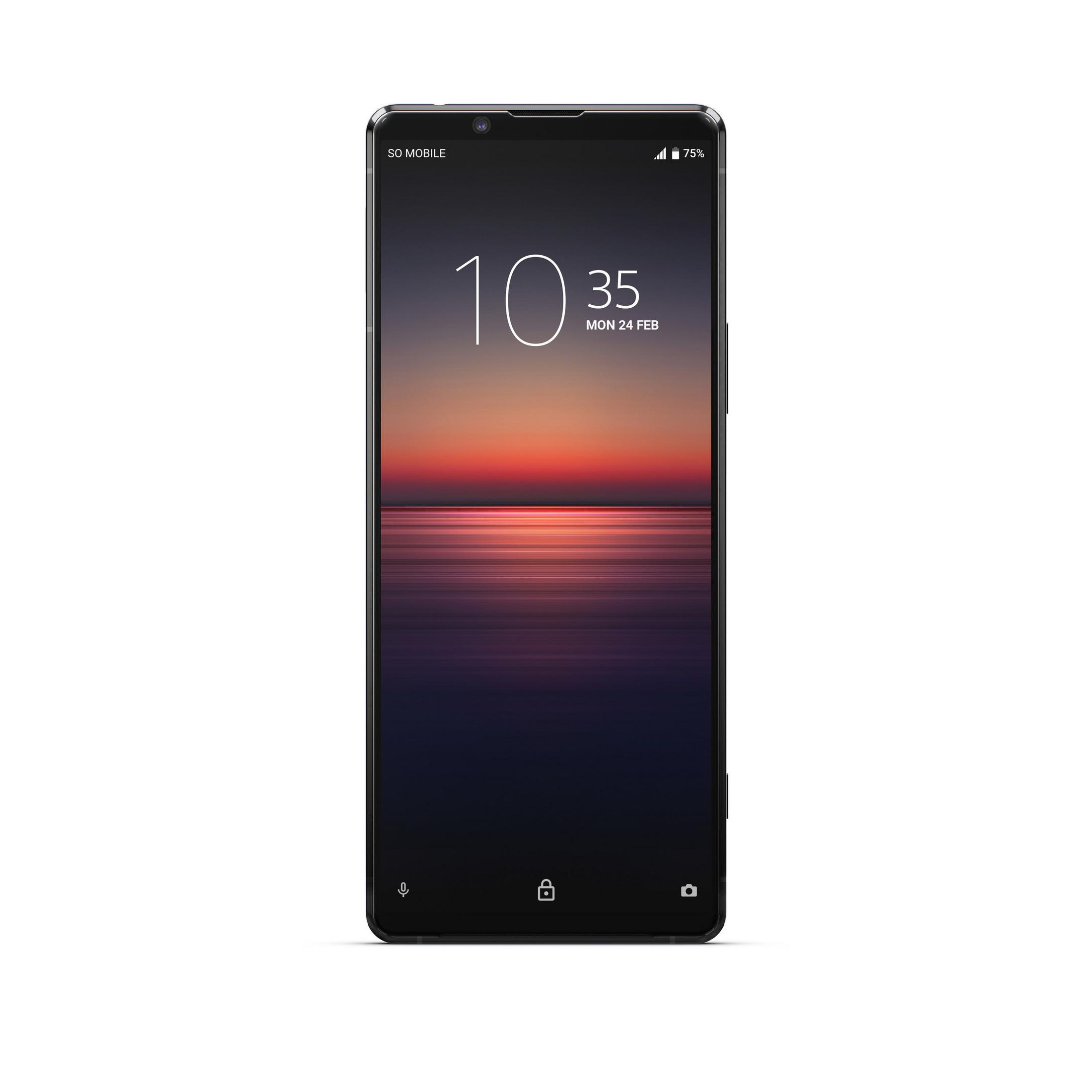 Ein schwarzes Smartphone zeigt Uhrzeit und Datum an. Der Bildschirm zeigt einen Sonnenuntergang.
