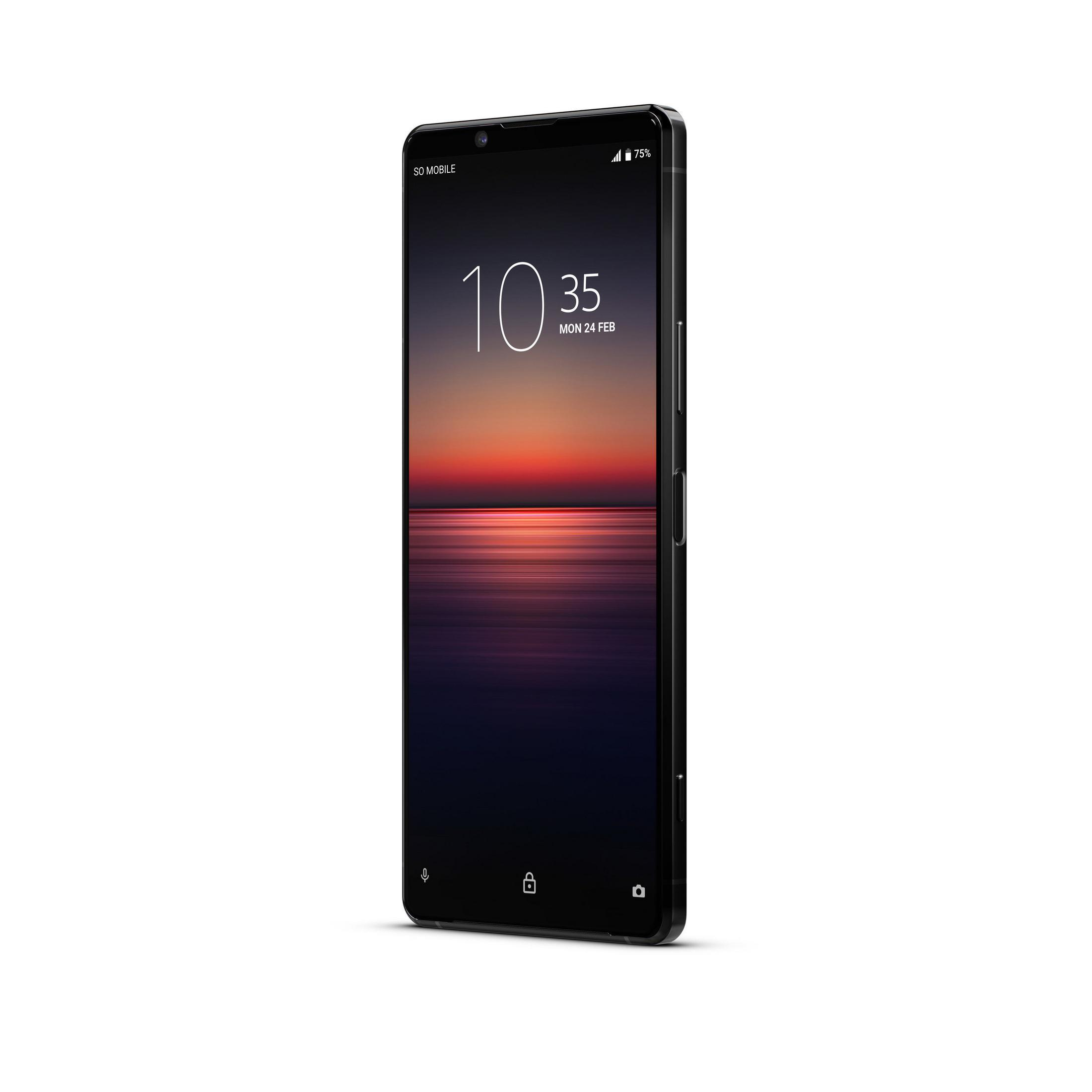 Schwarzes Sony Smartphone. Der Bildschirm ist eingeschaltet und zeigt die Uhrzeit.