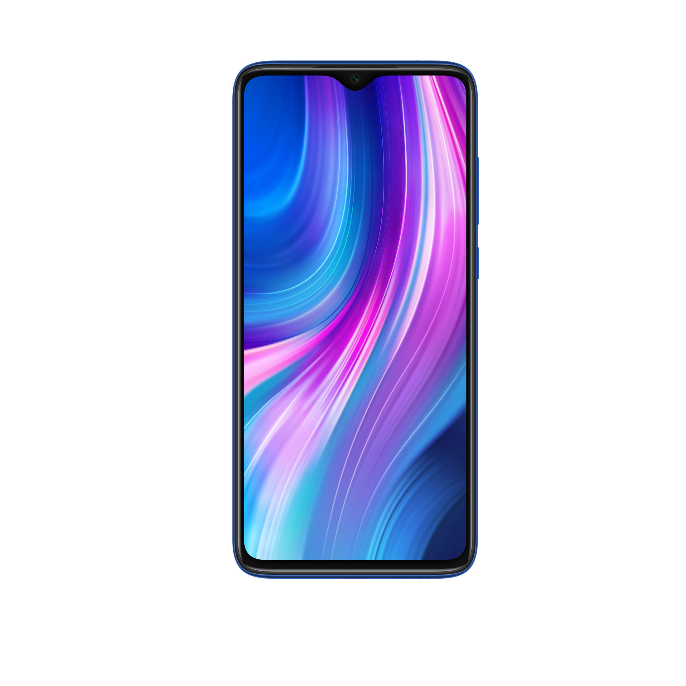 Blaues Smartphone mit farbenfrohem Bildschirm, schwarzem Rand und Kamera. Es liegt auf weißem Hintergrund.